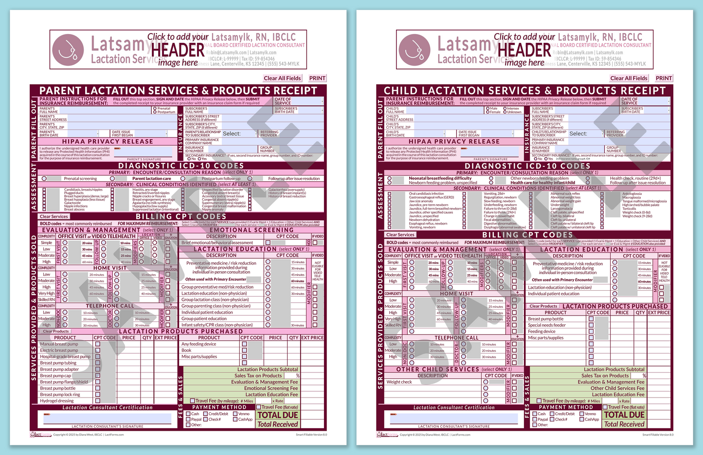 Superbills Package—SmartFillable, HeaderBox before editing, Pink, V8.0