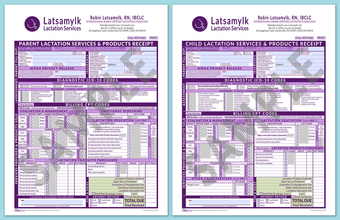 Superbills Package—SmartFillable, HeaderBox after editing, Purple, V8.0