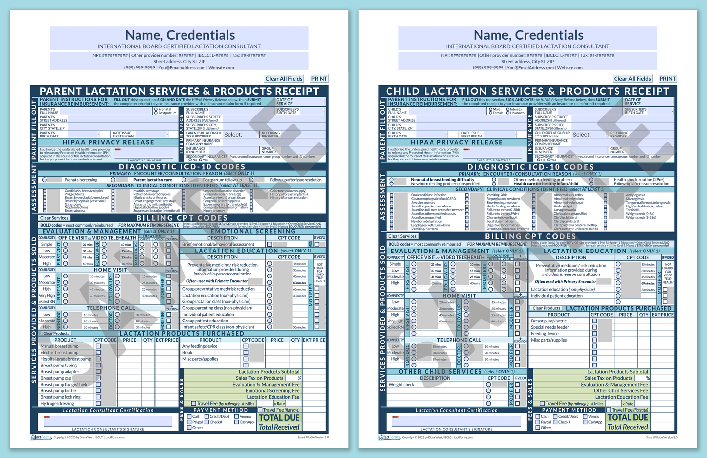 Superbills Package—SmartFillable, HeaderCenter before editing, Blue, V8.0