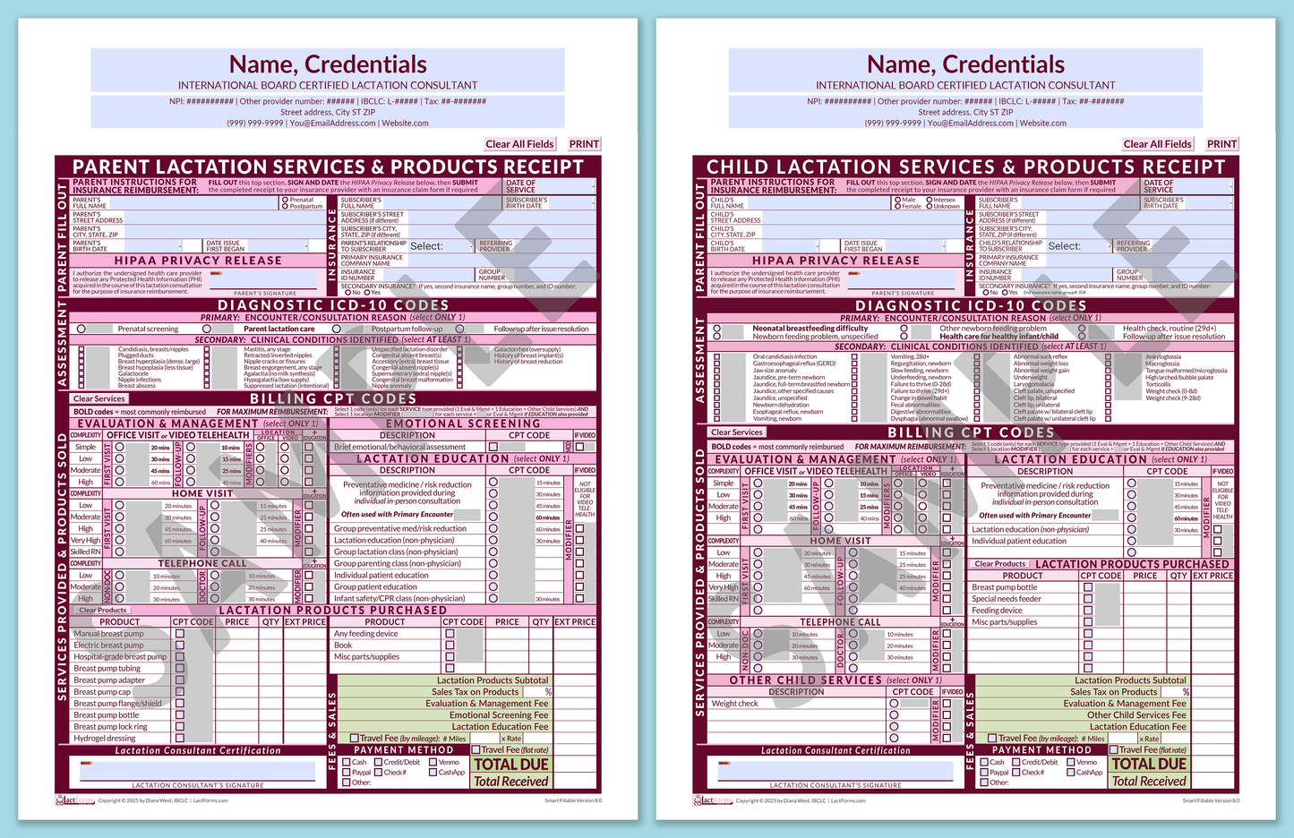 Superbills Package—SmartFillable, HeaderCenter before editing, Pink, V8.0