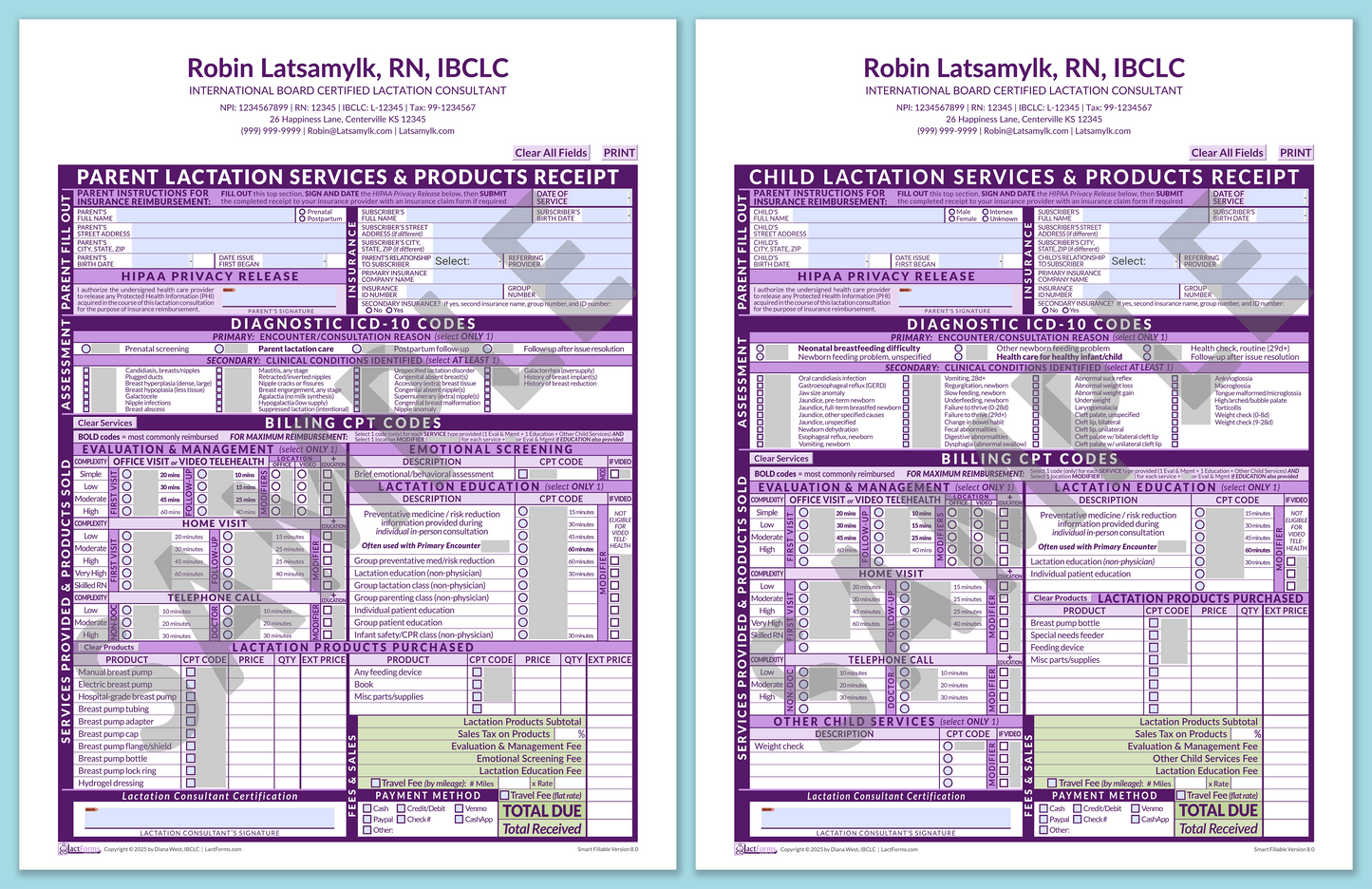 Superbills Package—SmartFillable, HeaderCenter after editing, Purple, V8.0