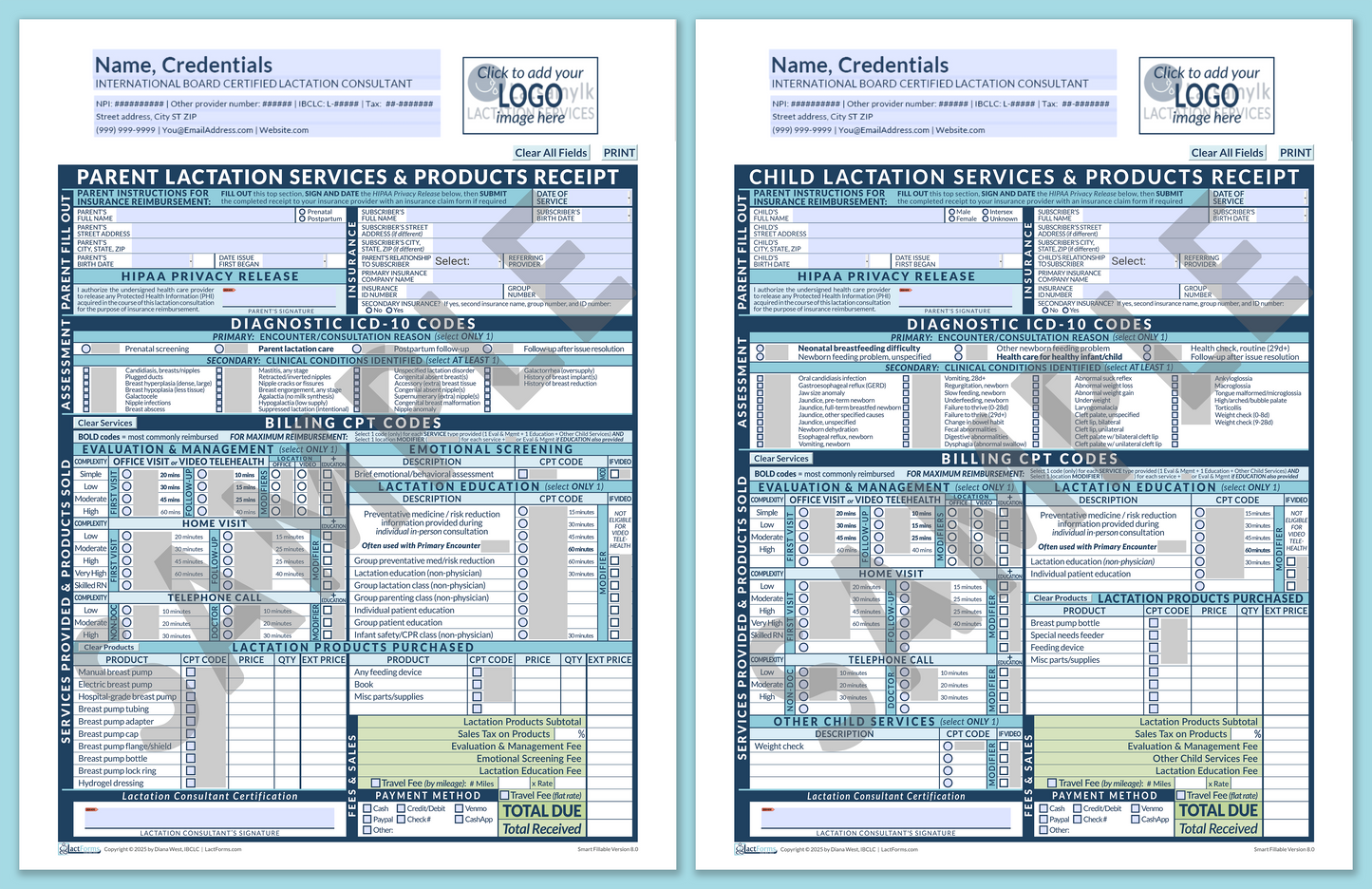 Superbills Package—SmartFillable, HeaderLogo before editing, Blue, V8.0
