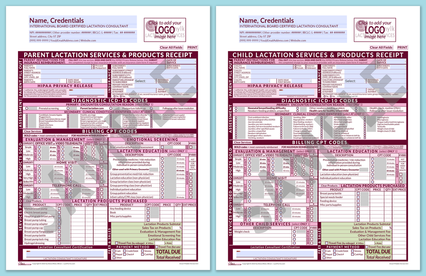 Superbills Package—SmartFillable, HeaderLogo before editing, Pink, V8.0