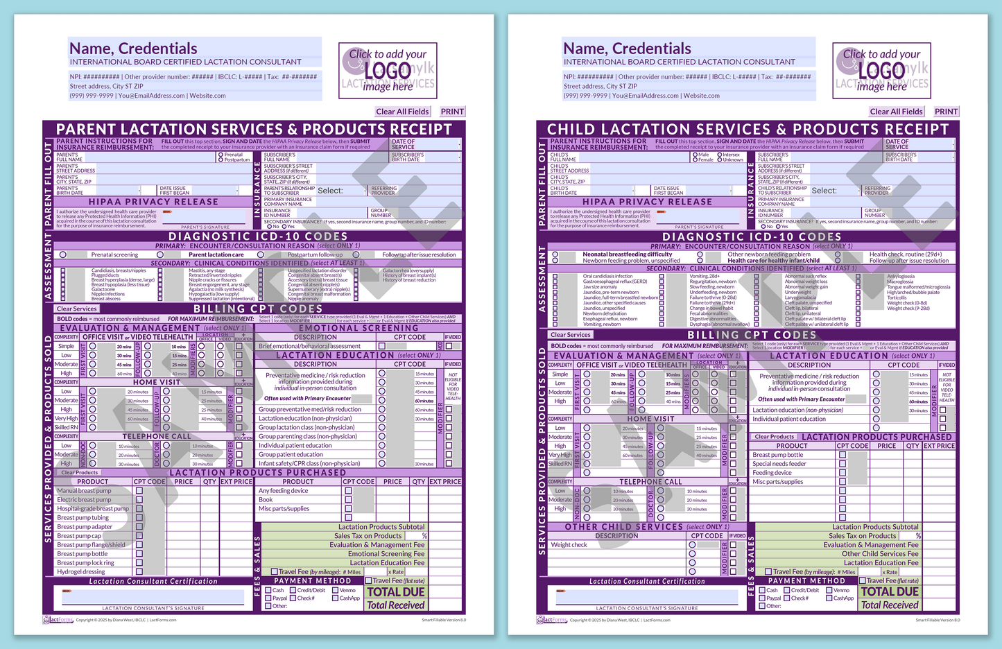 Superbills Package—SmartFillable, HeaderLogo before editing, Purple, V8.0