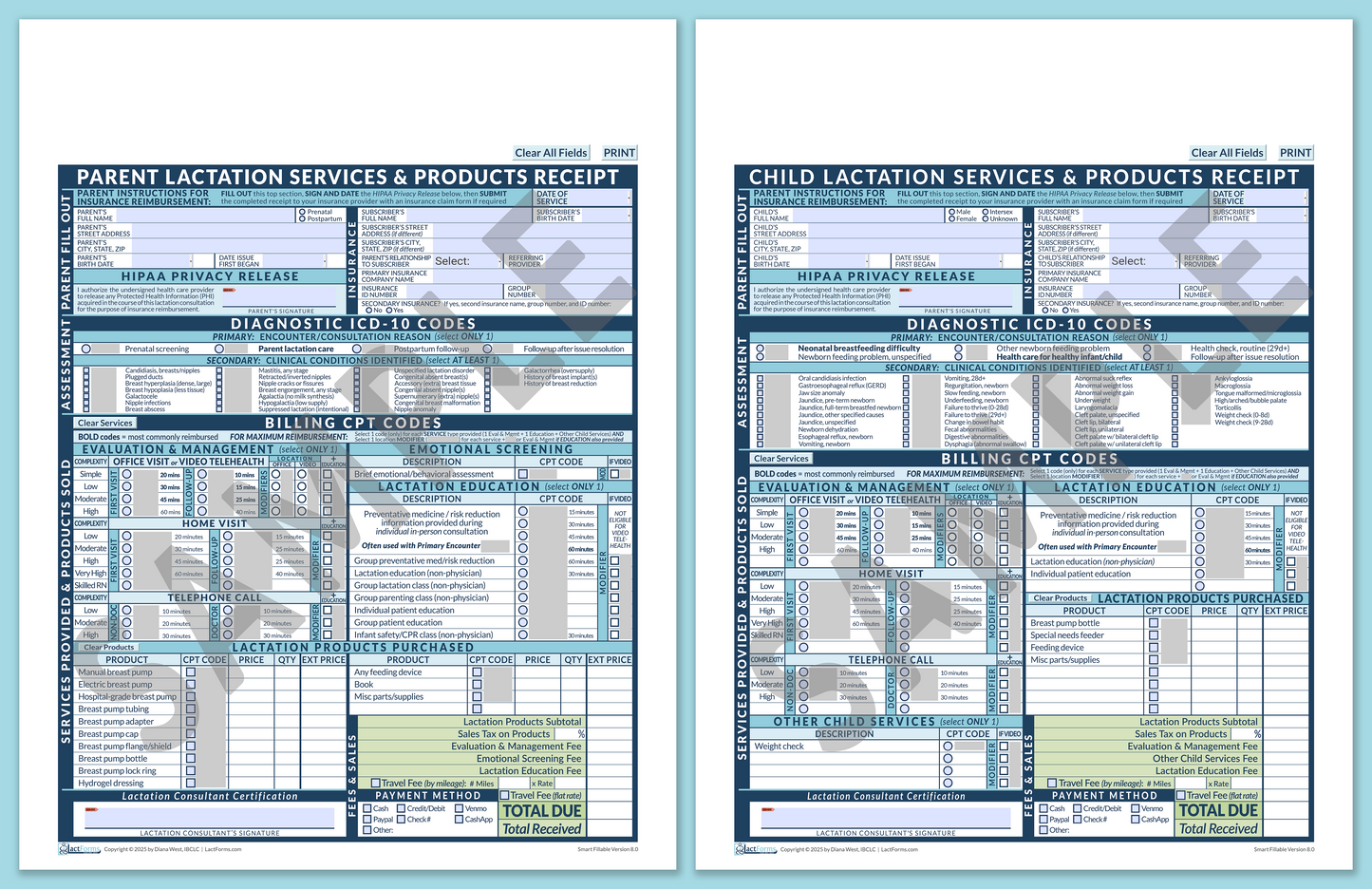 Superbills Package—SmartFillable, HeaderNone, Blue, V8.0