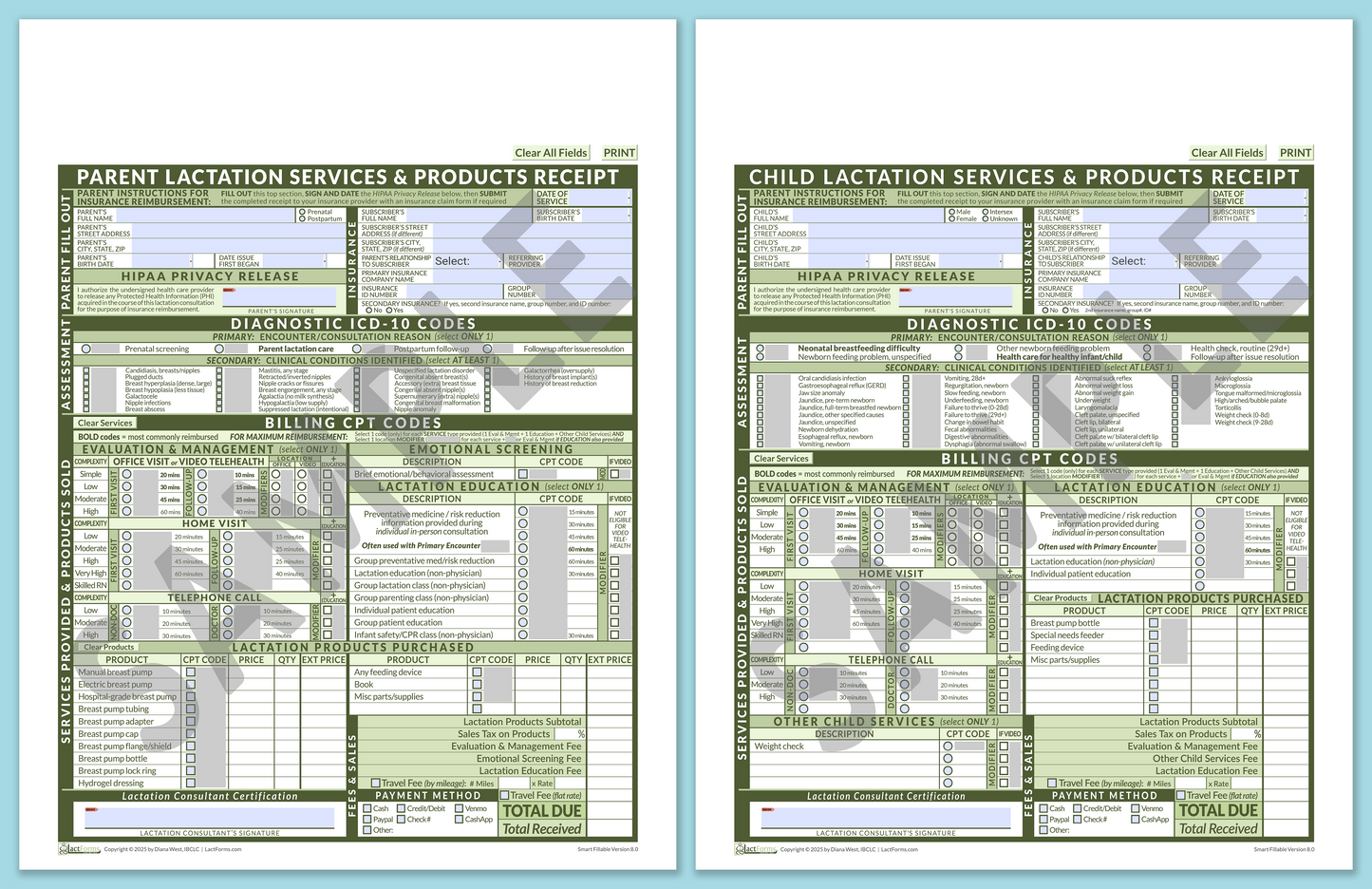 Superbills Package—SmartFillable, HeaderNone, Green, V8.0
