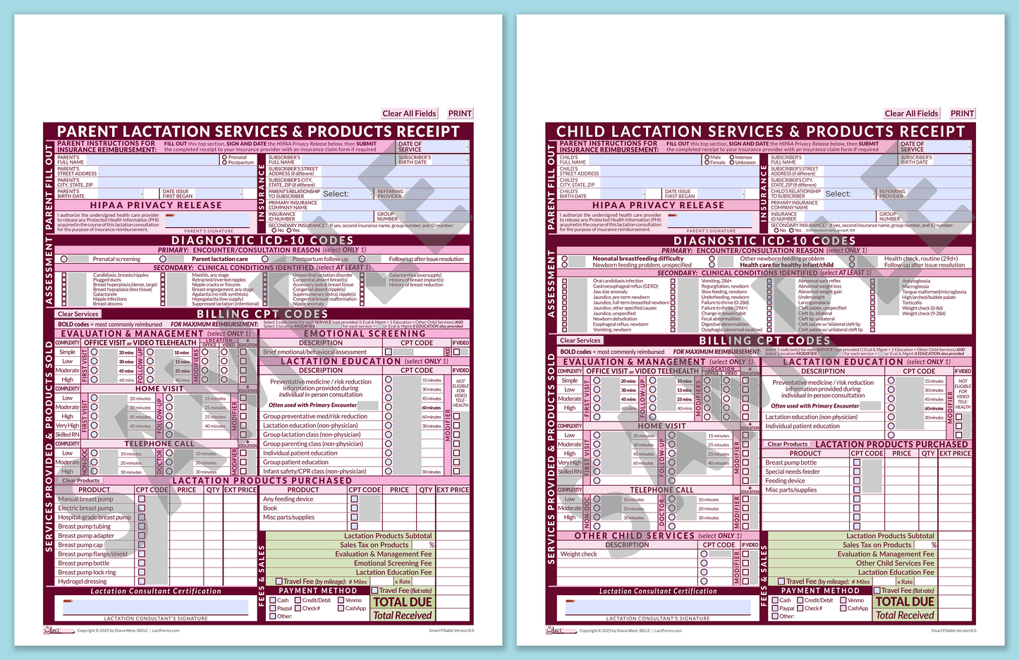 Superbills Package—SmartFillable, HeaderNone, Pink, V8.0