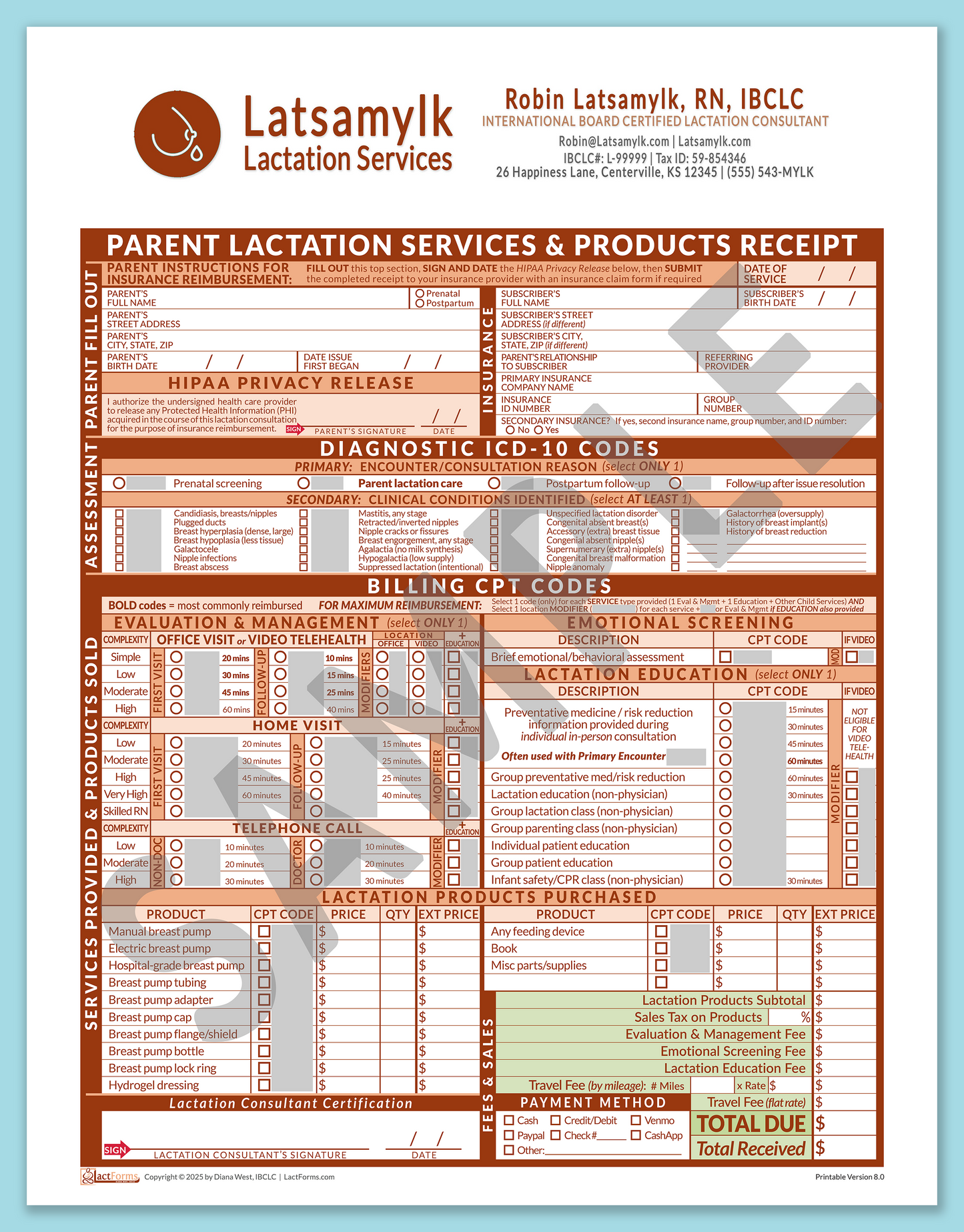 Parent Superbill—OfficePrintable, HeaderBox after editing, Orange, V8.0