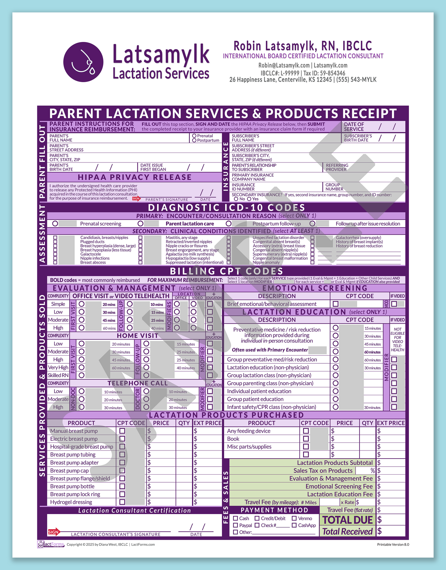 Parent Superbill—OfficePrintable, HeaderBox after editing, Purple, V8.0