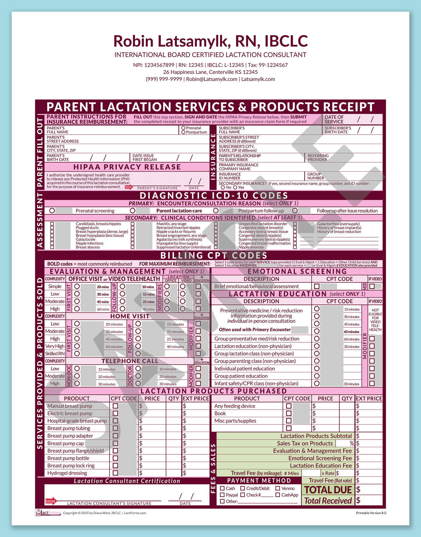 Parent Superbill—OfficePrintable, HeaderCenter after editing, Pink, V8.0