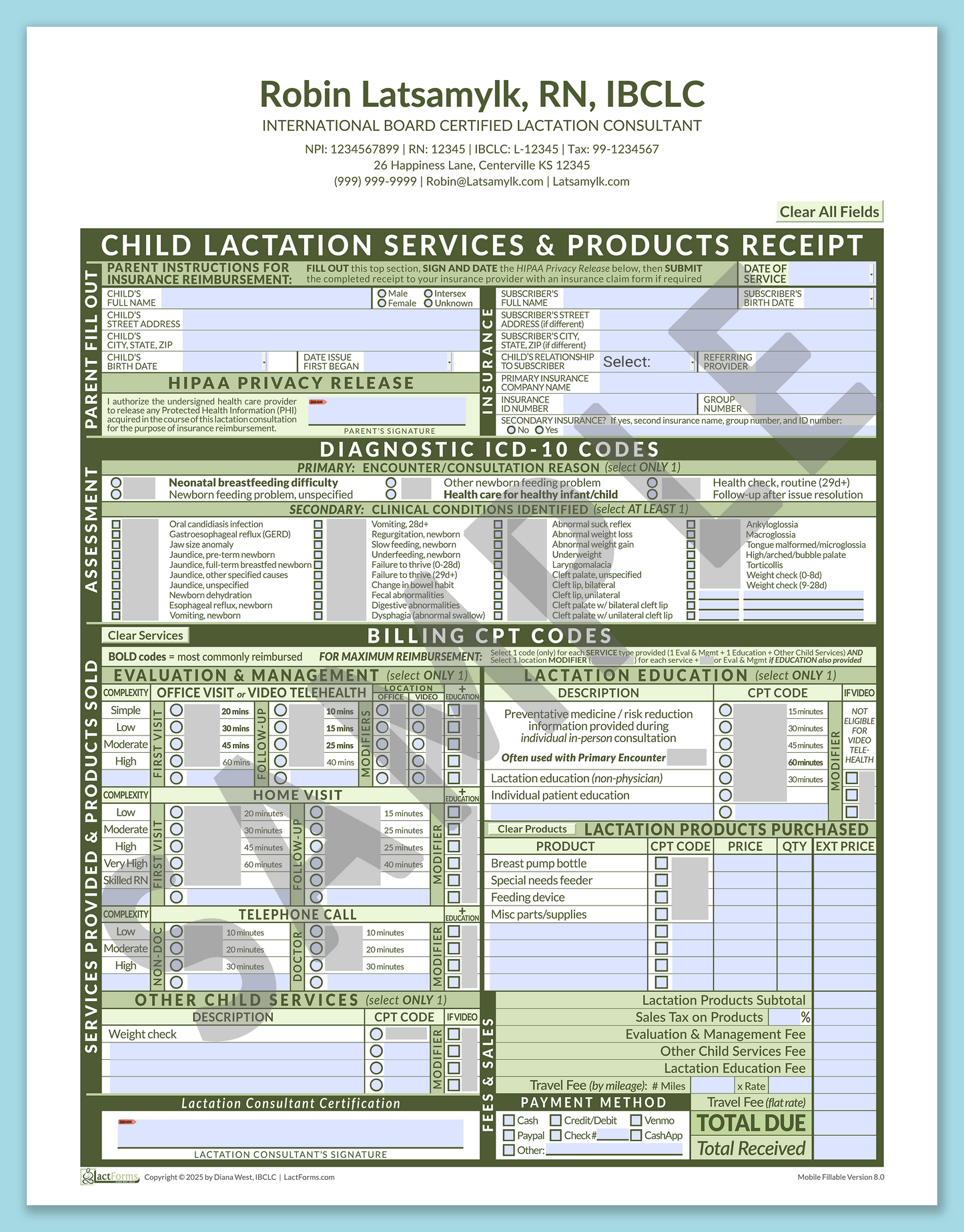 Child Superbill—MobileFillable, HeaderCenter after editing, Green, V8.0