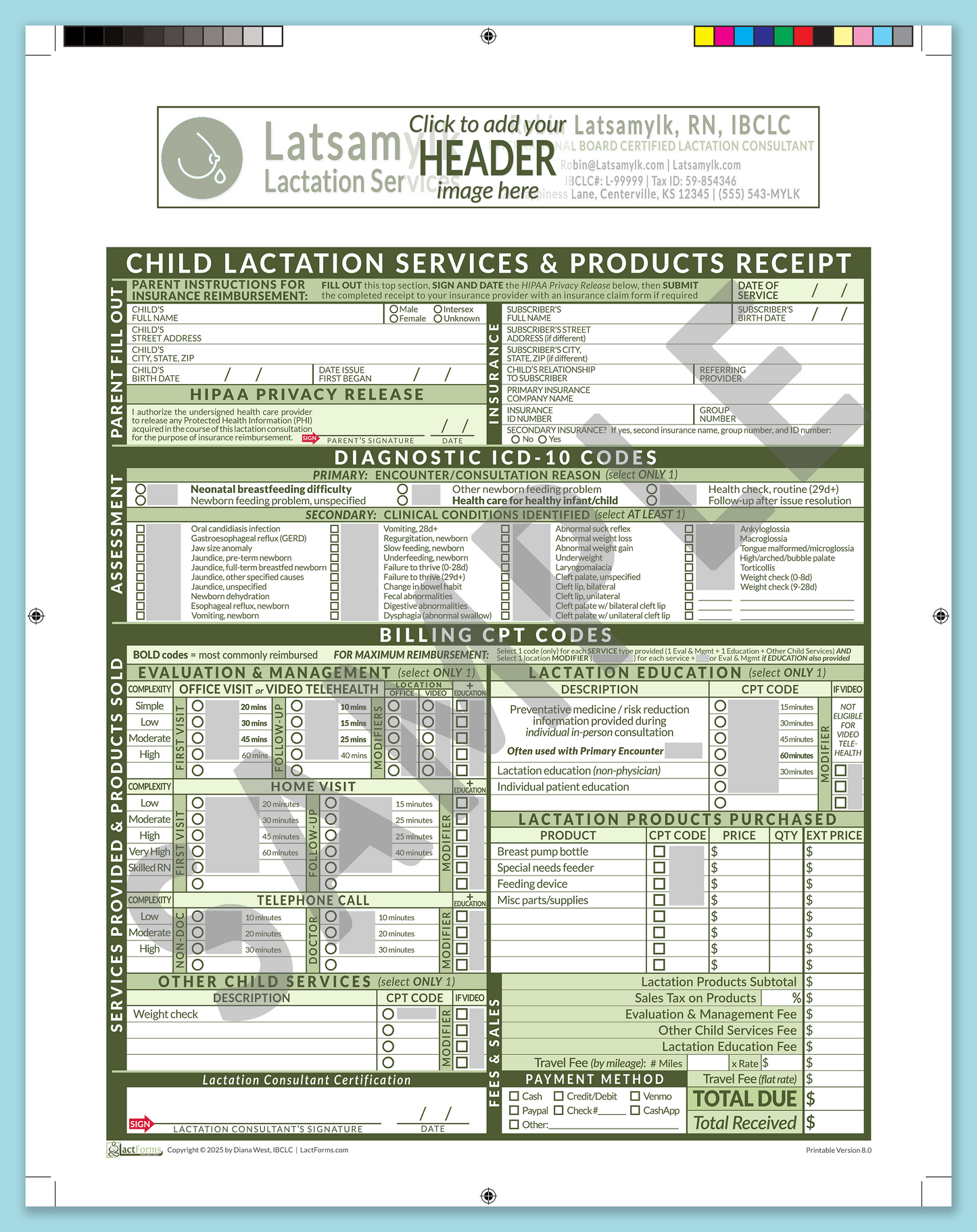 Child Superbill—ProPrintable, HeaderBox before editing, Green, V8.0