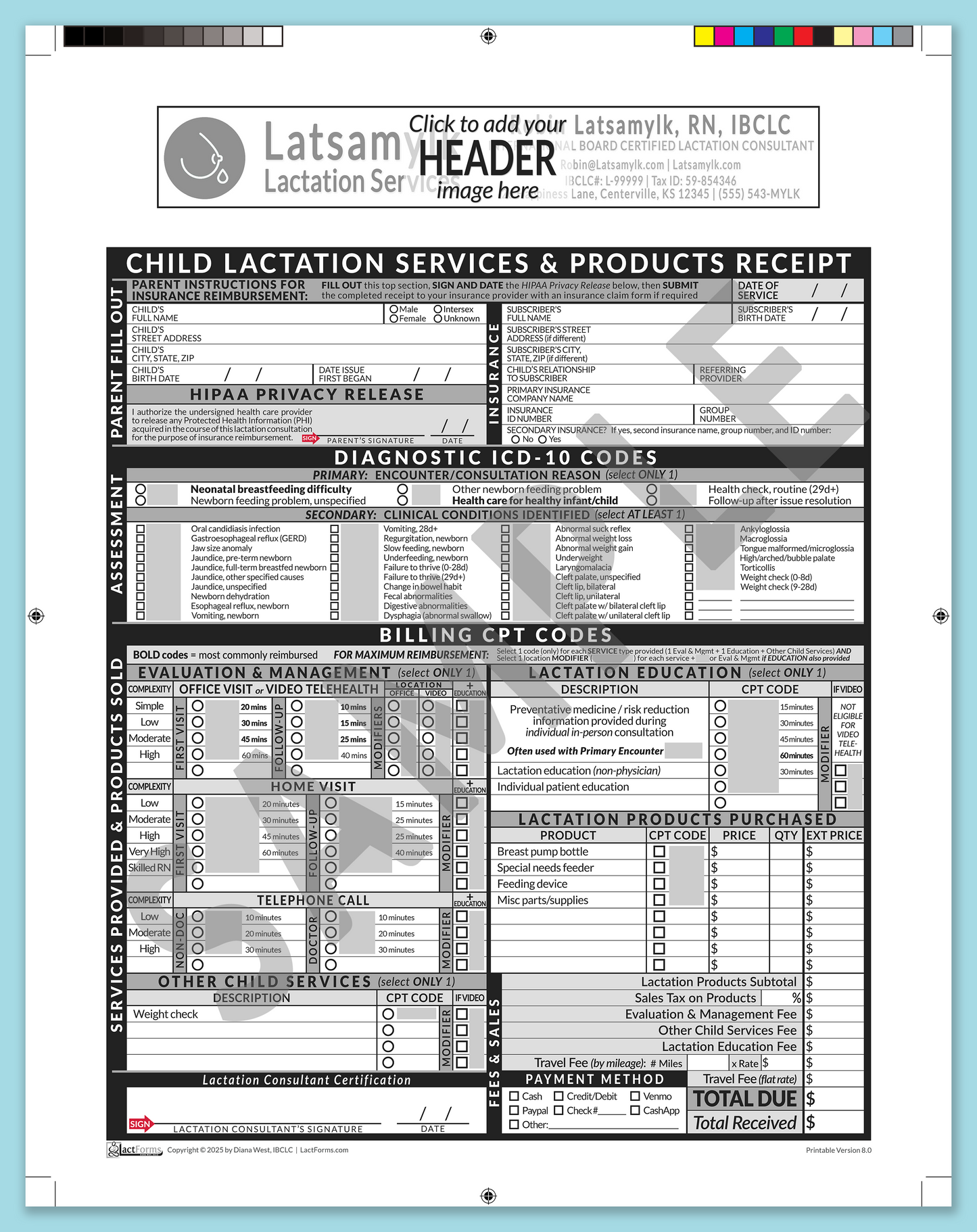 Child Superbill—ProPrintable, HeaderBox before editing, Grey, V8.0