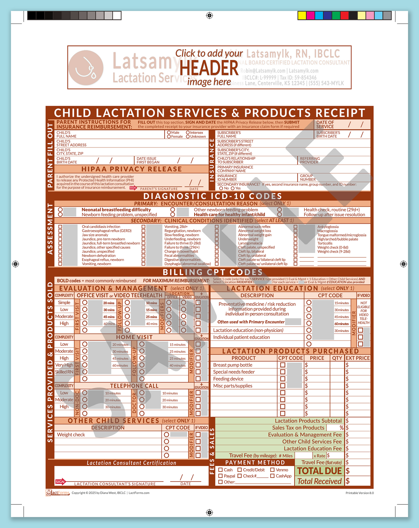 Child Superbill—ProPrintable, HeaderBox before editing, Orange, V8.0