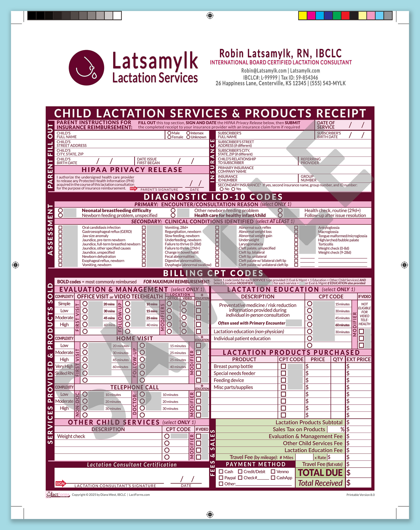 Child Superbill—ProPrintable, HeaderBox after editing, Pink, V8.0