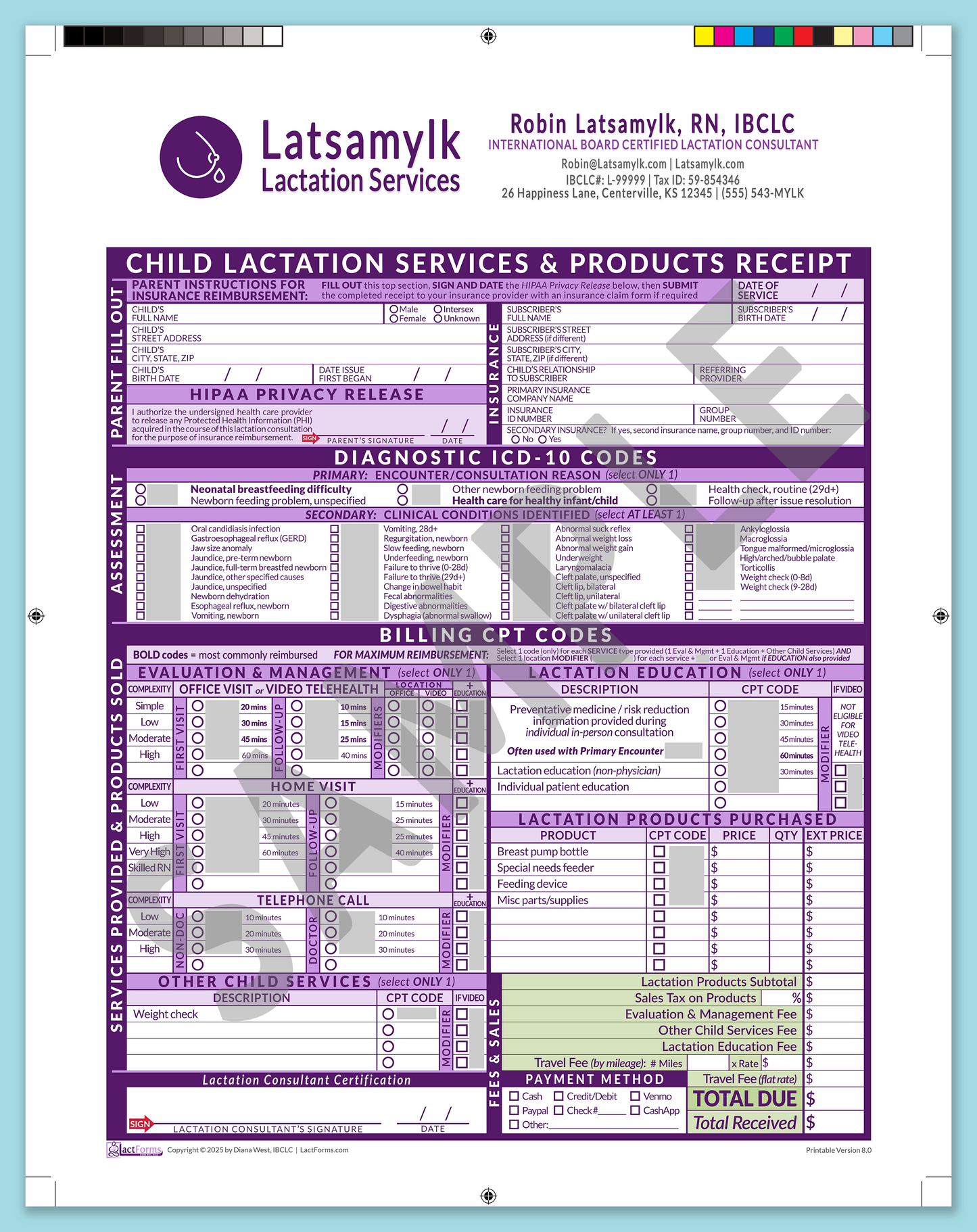 Child Superbill—ProPrintable, HeaderBox after editing, Purple, V8.0