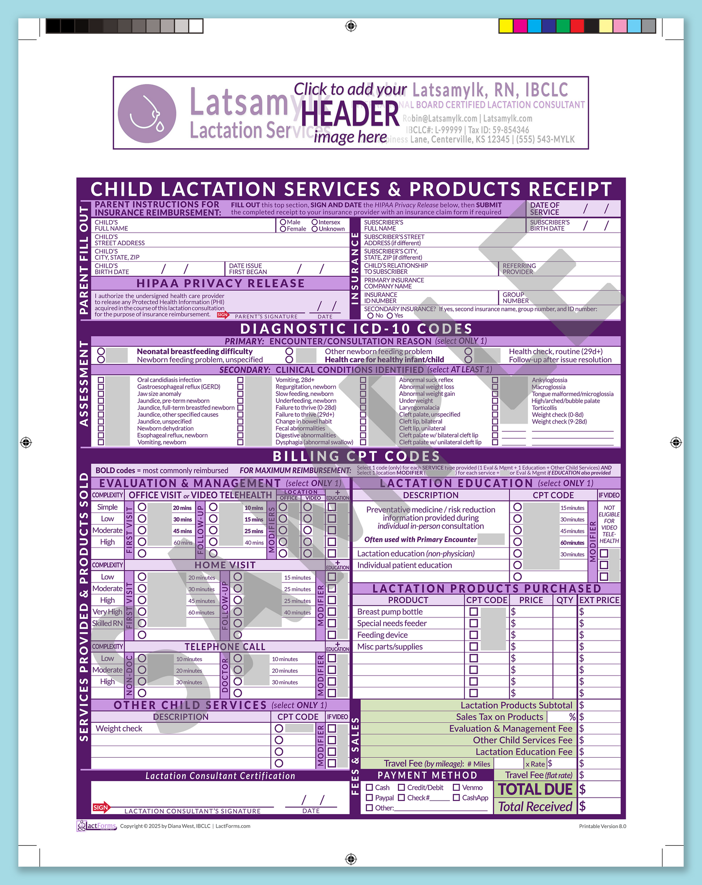 Child Superbill—ProPrintable, HeaderBox before editing, Purple, V8.0