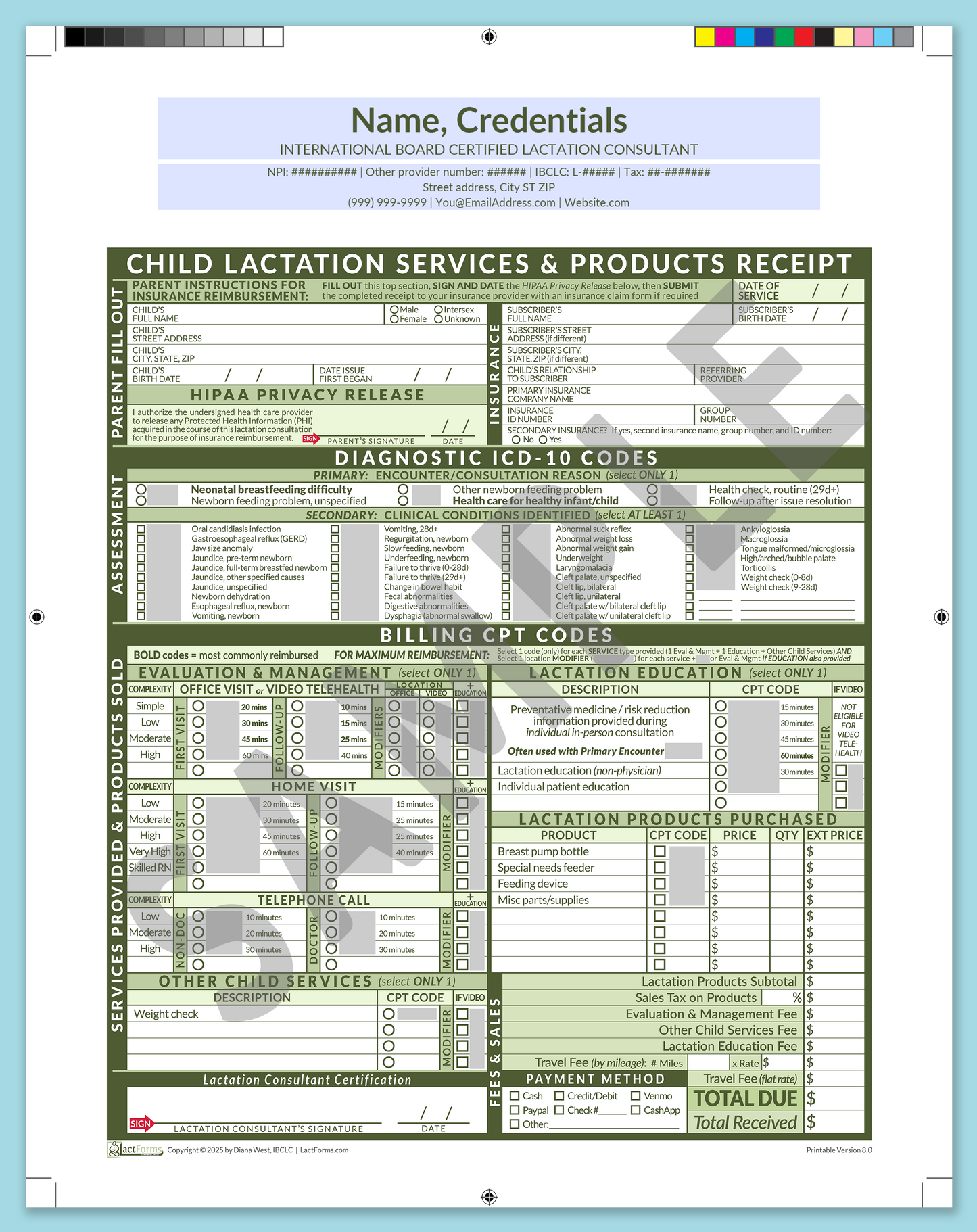 Child Superbill—ProPrintable, HeaderCenter before editing, Green, V8.0