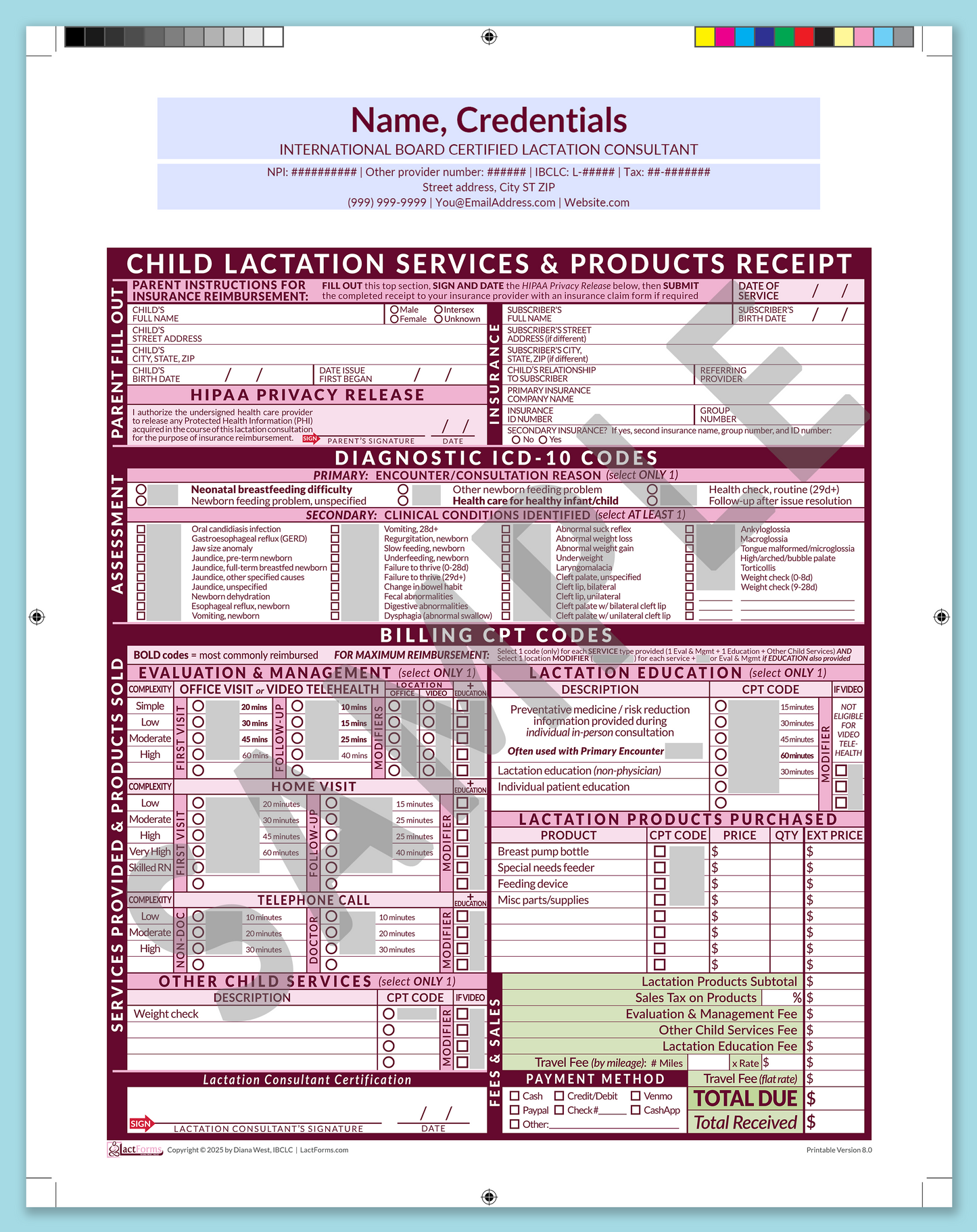 Child Superbill—ProPrintable, HeaderCenter before editing, Pink, V8.0