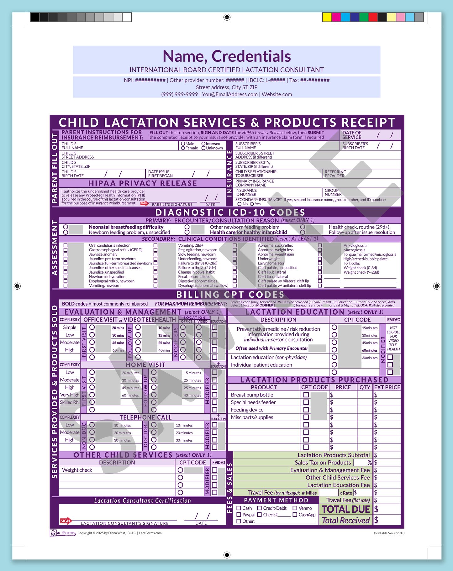 Child Superbill—ProPrintable, HeaderCenter before editing, Purple, V8.0