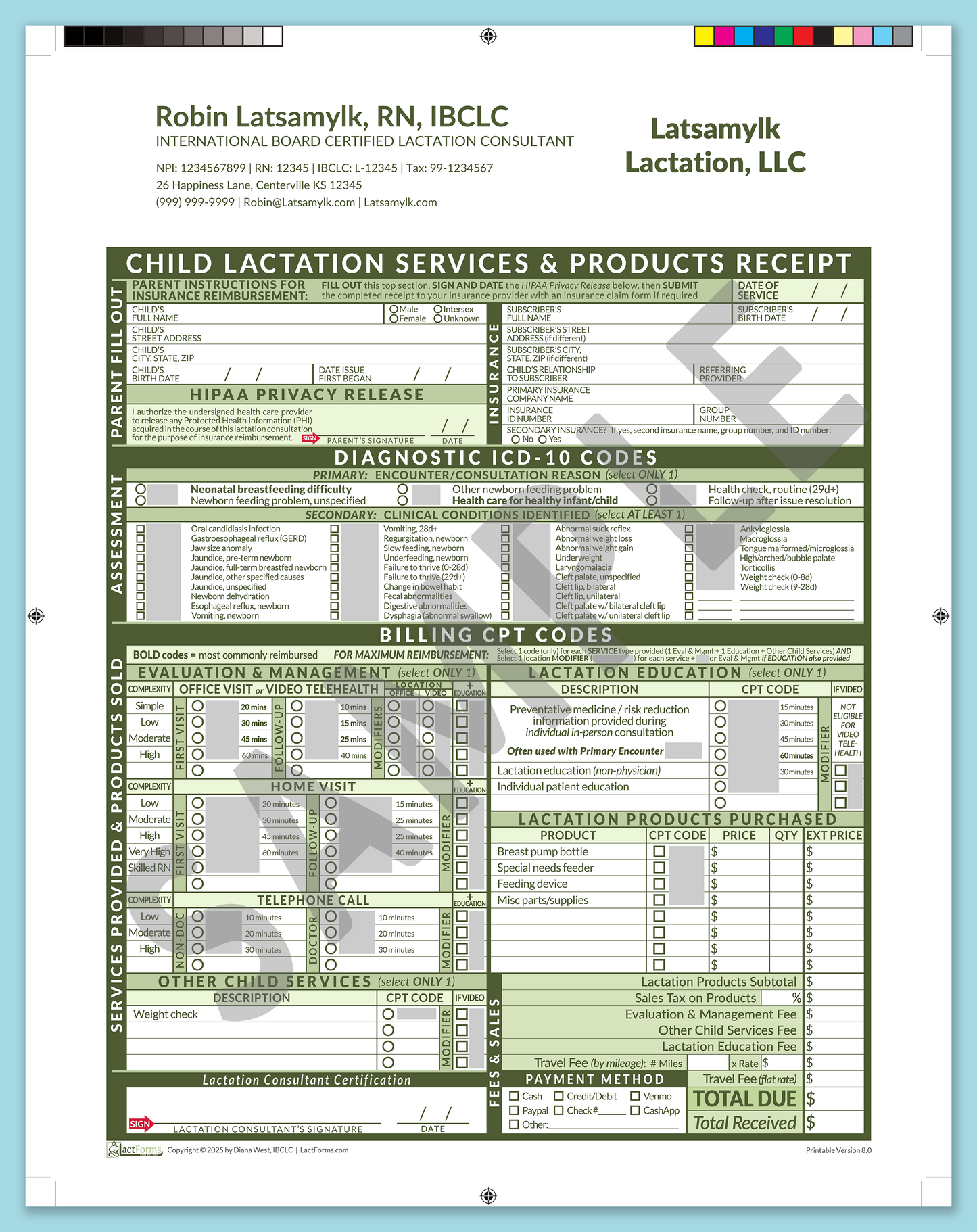 Child Superbill—ProPrintable, HeaderCompany after editing, Green, V8.0