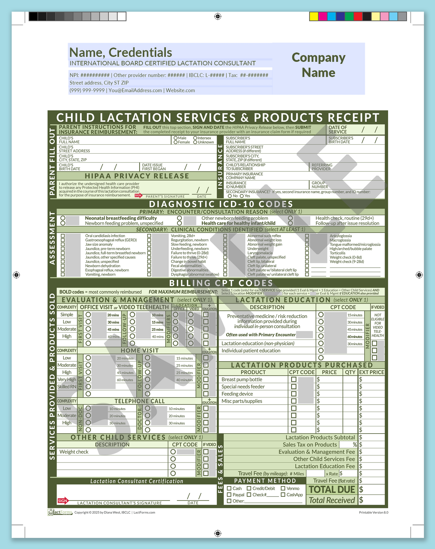 Child Superbill—ProPrintable, HeaderCompany before editing, Green, V8.0