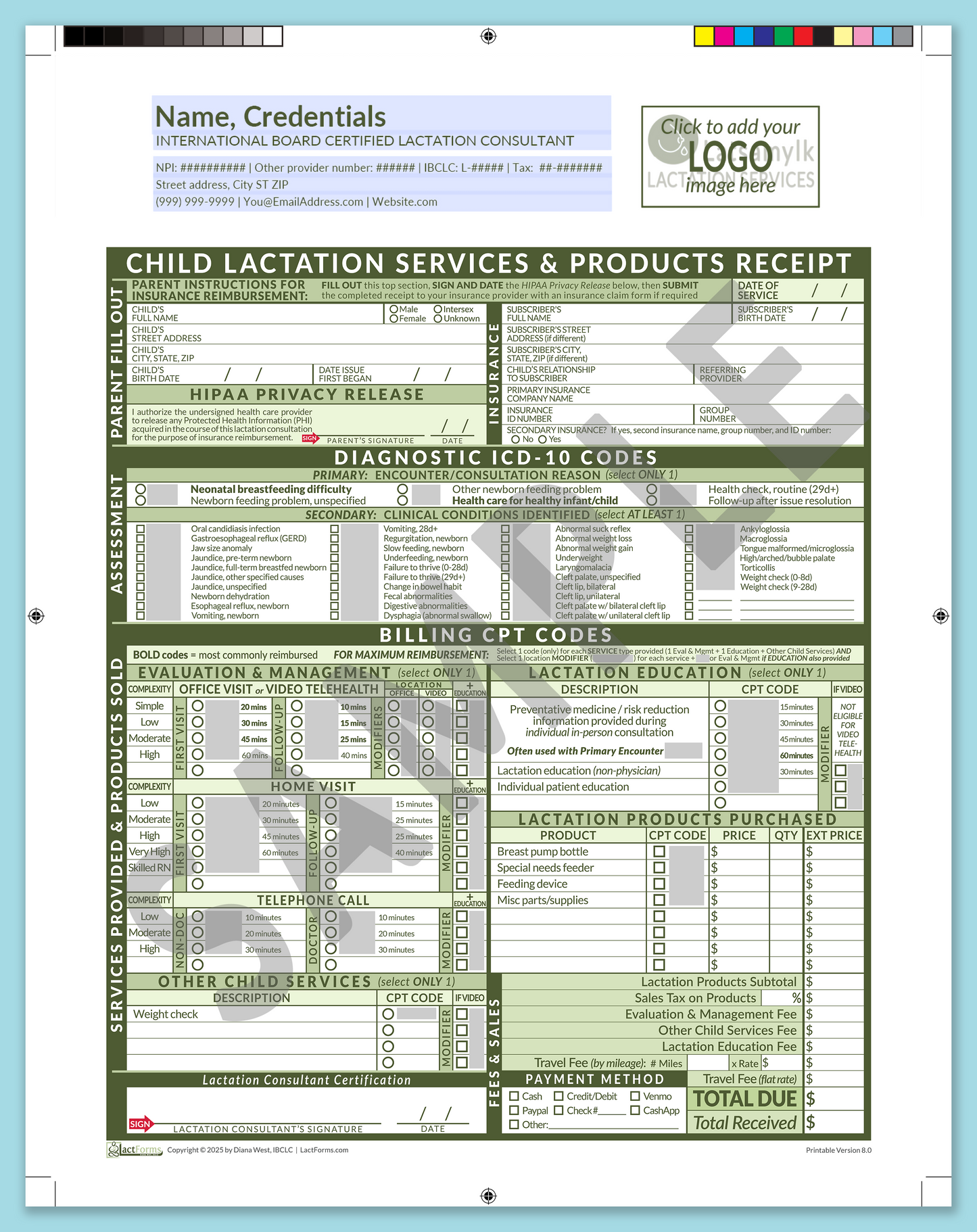 Child Superbill—ProPrintable, HeaderLogo before editing, Green, V8.0