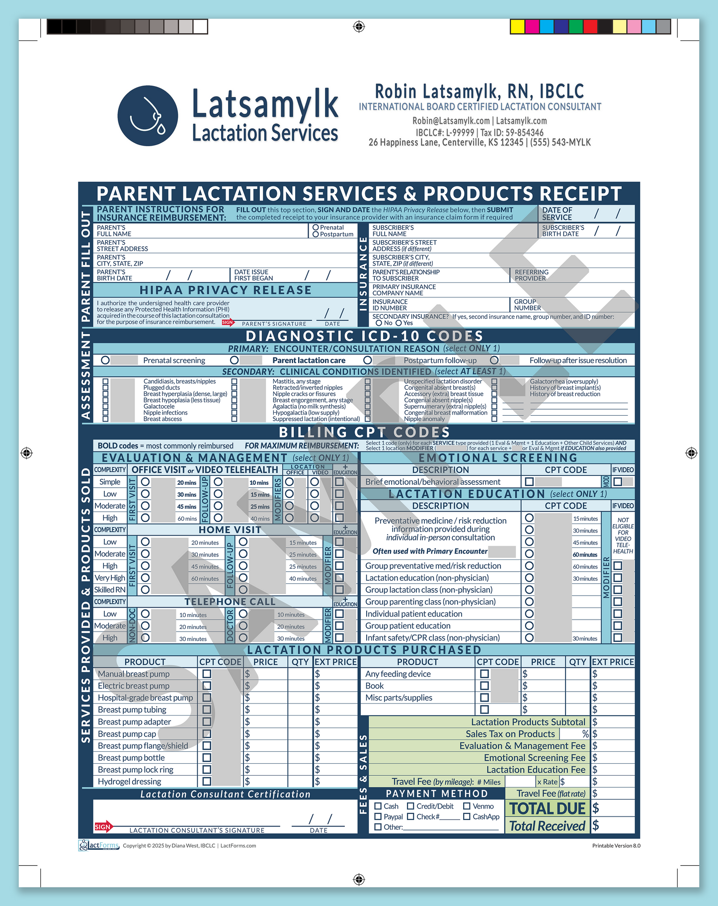 Parent Superbill—ProPrintable, HeaderBox after editing, Blue, V8.0