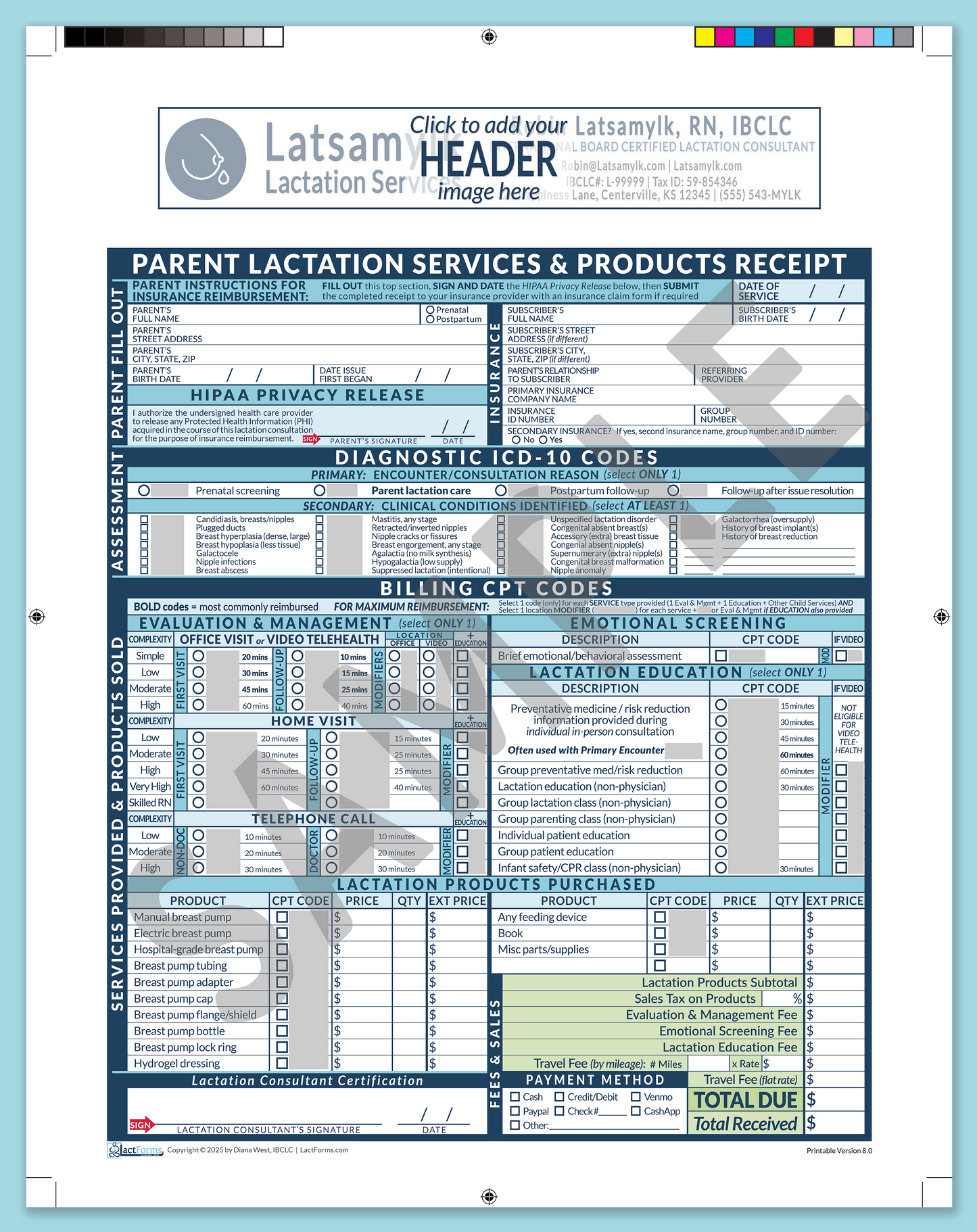 Parent Superbill—ProPrintable, HeaderBox before editing, Blue, V8.0