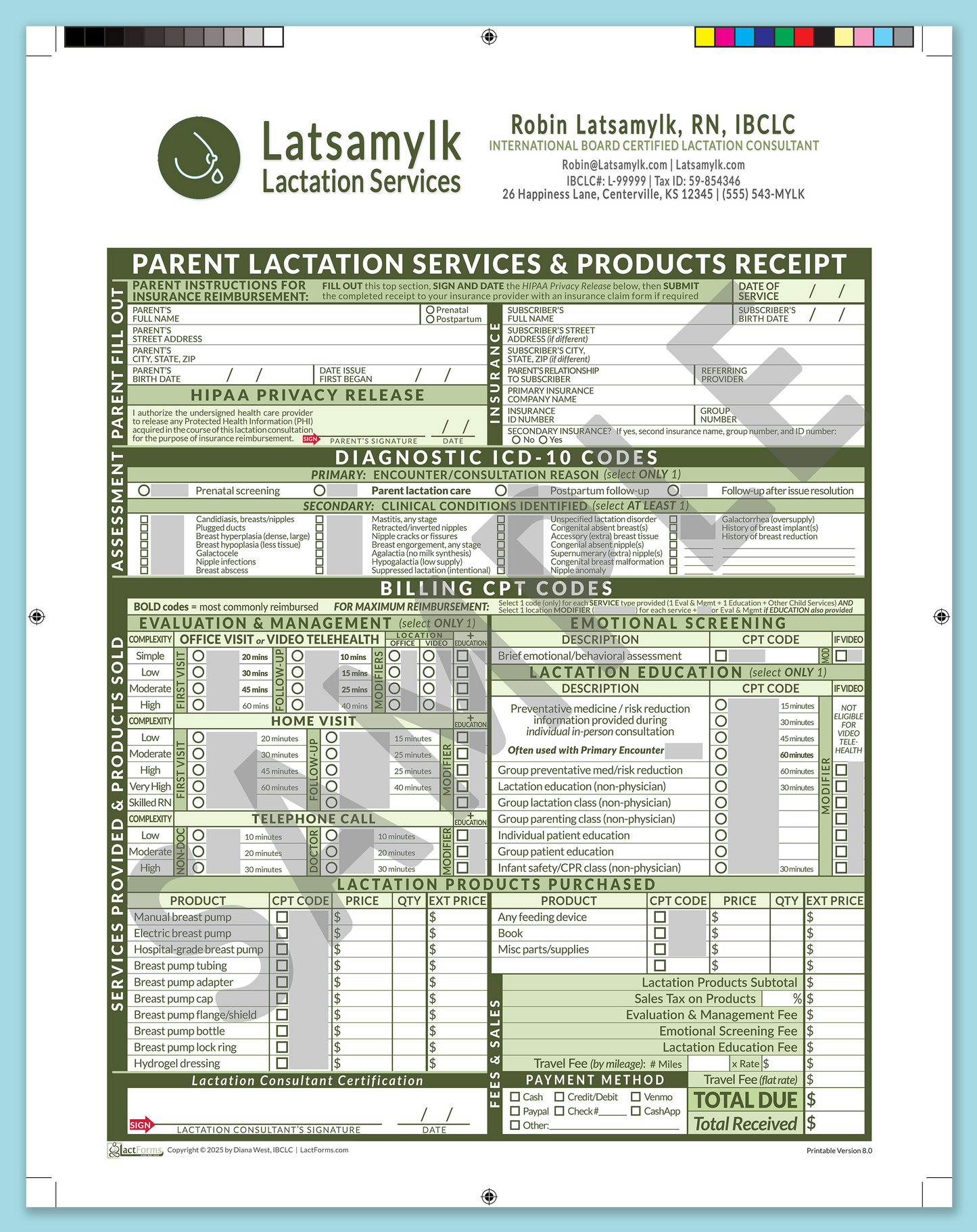 Parent Superbill—ProPrintable, HeaderBox after editing, Green, V8.0