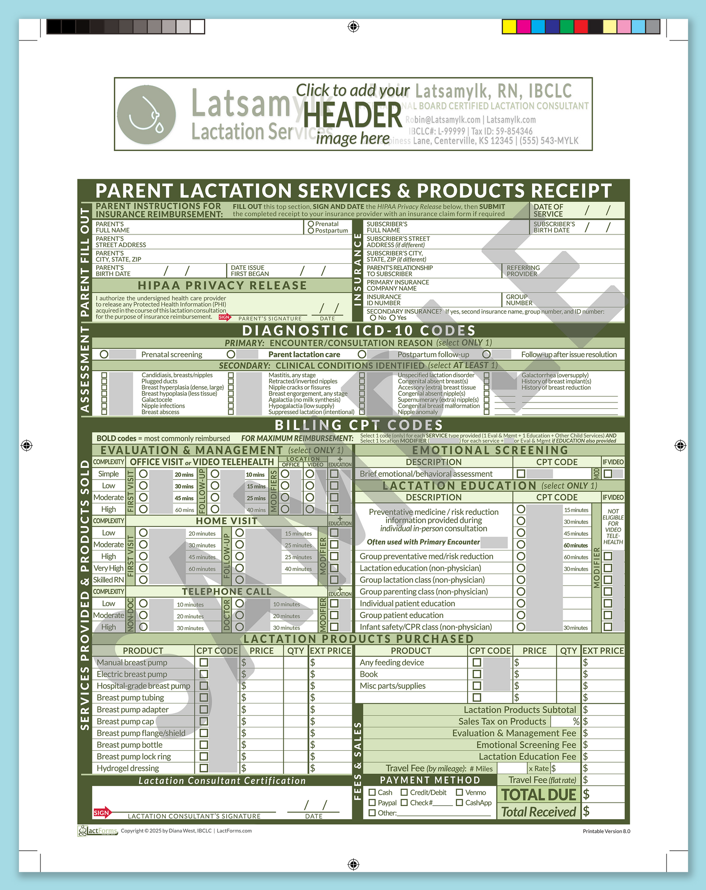 Parent Superbill—Pro Printable, HeaderBox before editing, Green, V8.0