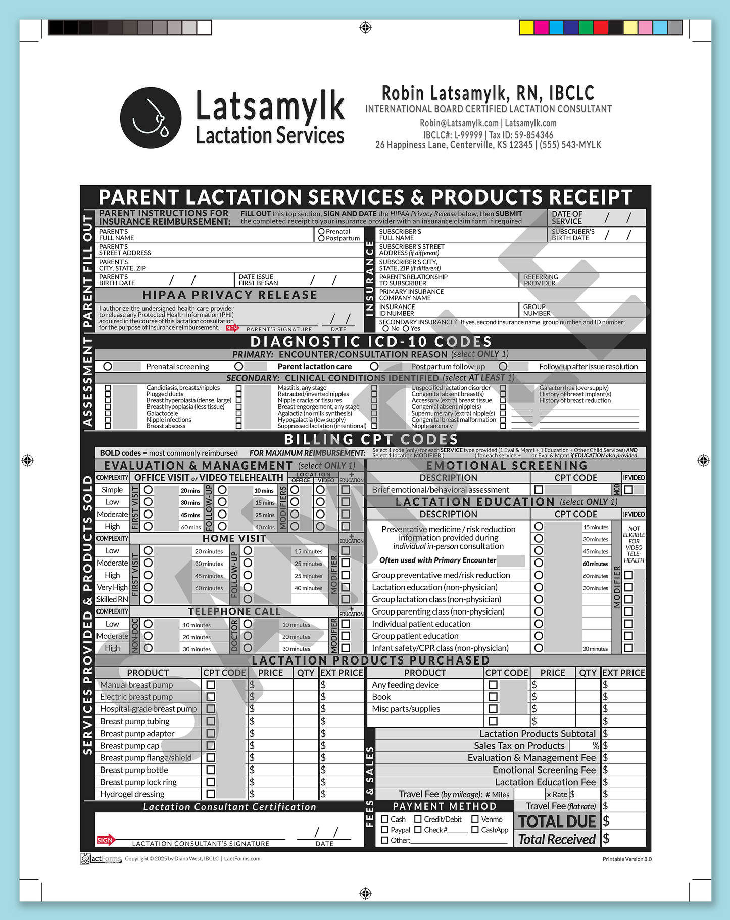 Parent Superbill—ProPrintable, HeaderBox after editing, Grey, V8.0