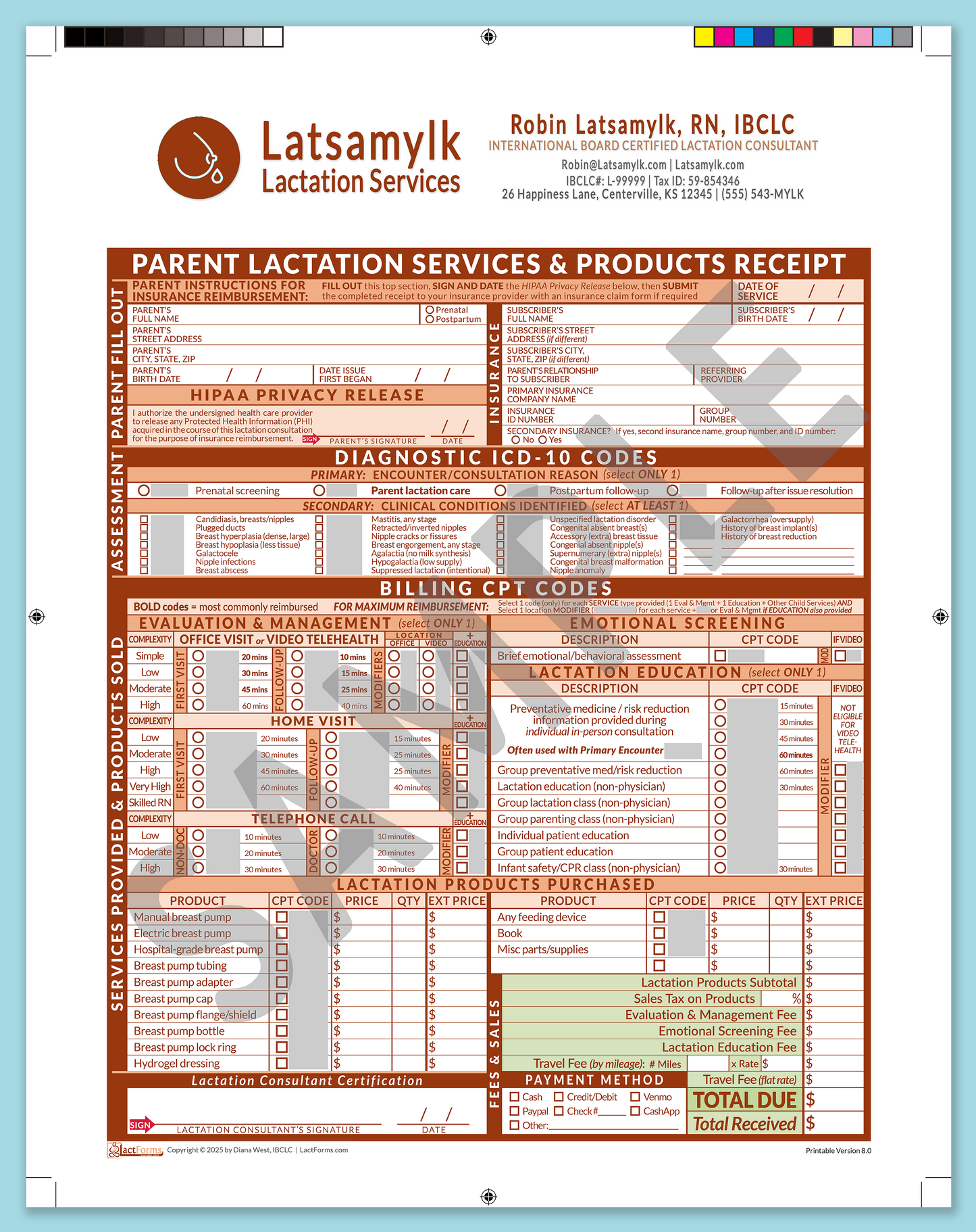 Parent Superbill—ProPrintable, HeaderBox after editing, Orange, V8.0