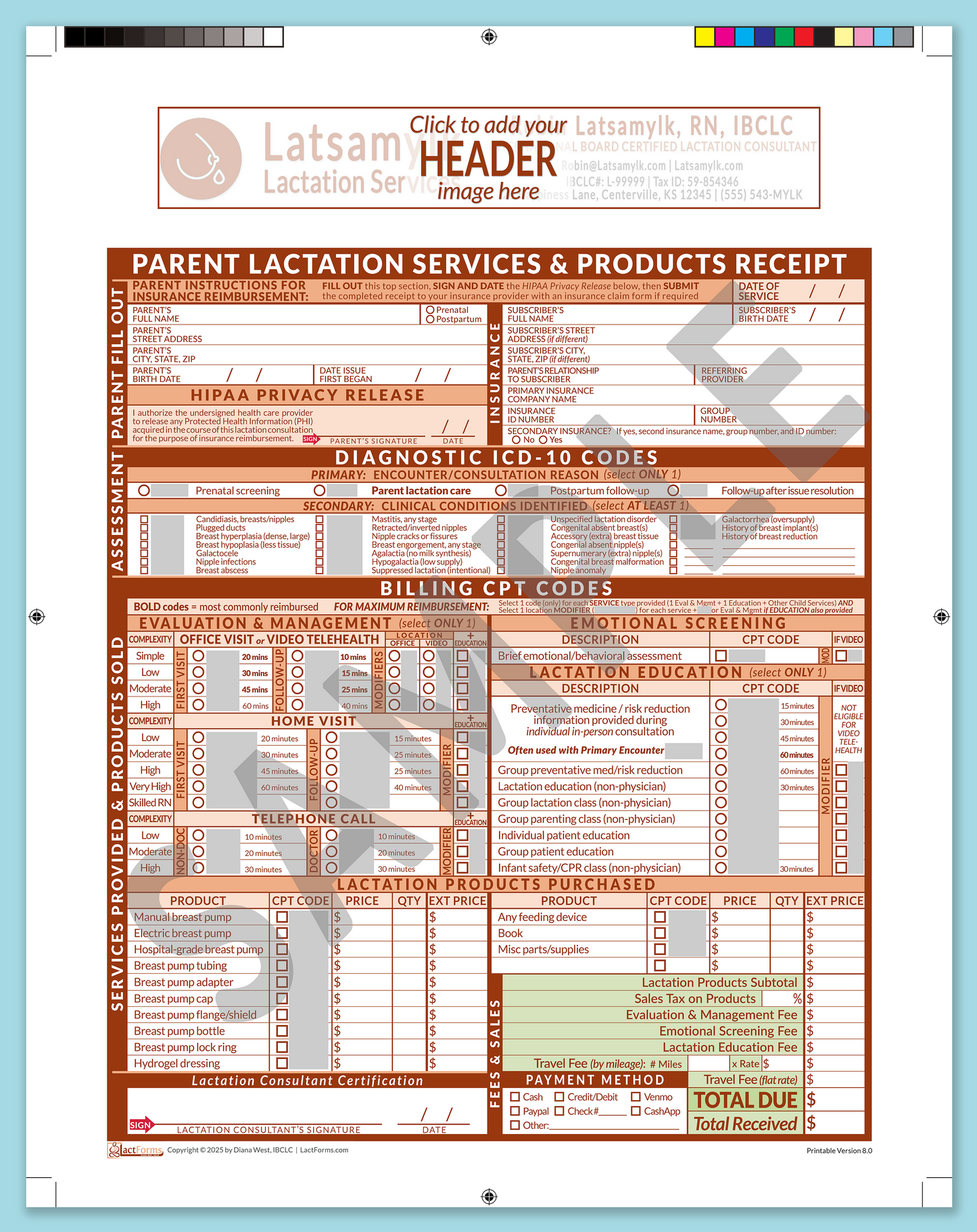 Parent Superbill—ProPrintable, HeaderBox before editing, Orange, V8.0