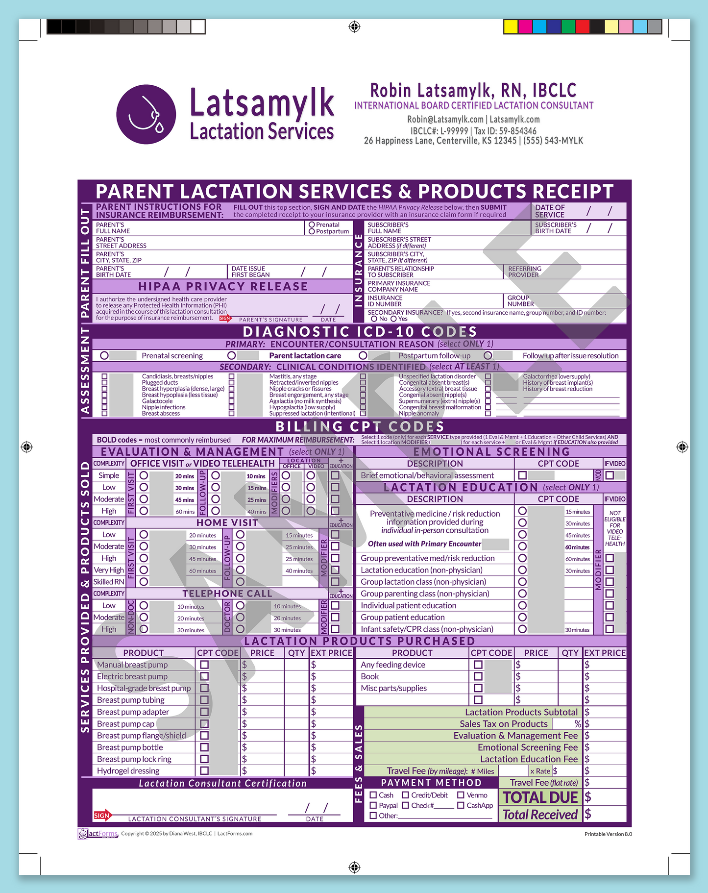 Parent Superbill—ProPrintable, HeaderBox after editing, Purple, V8.0