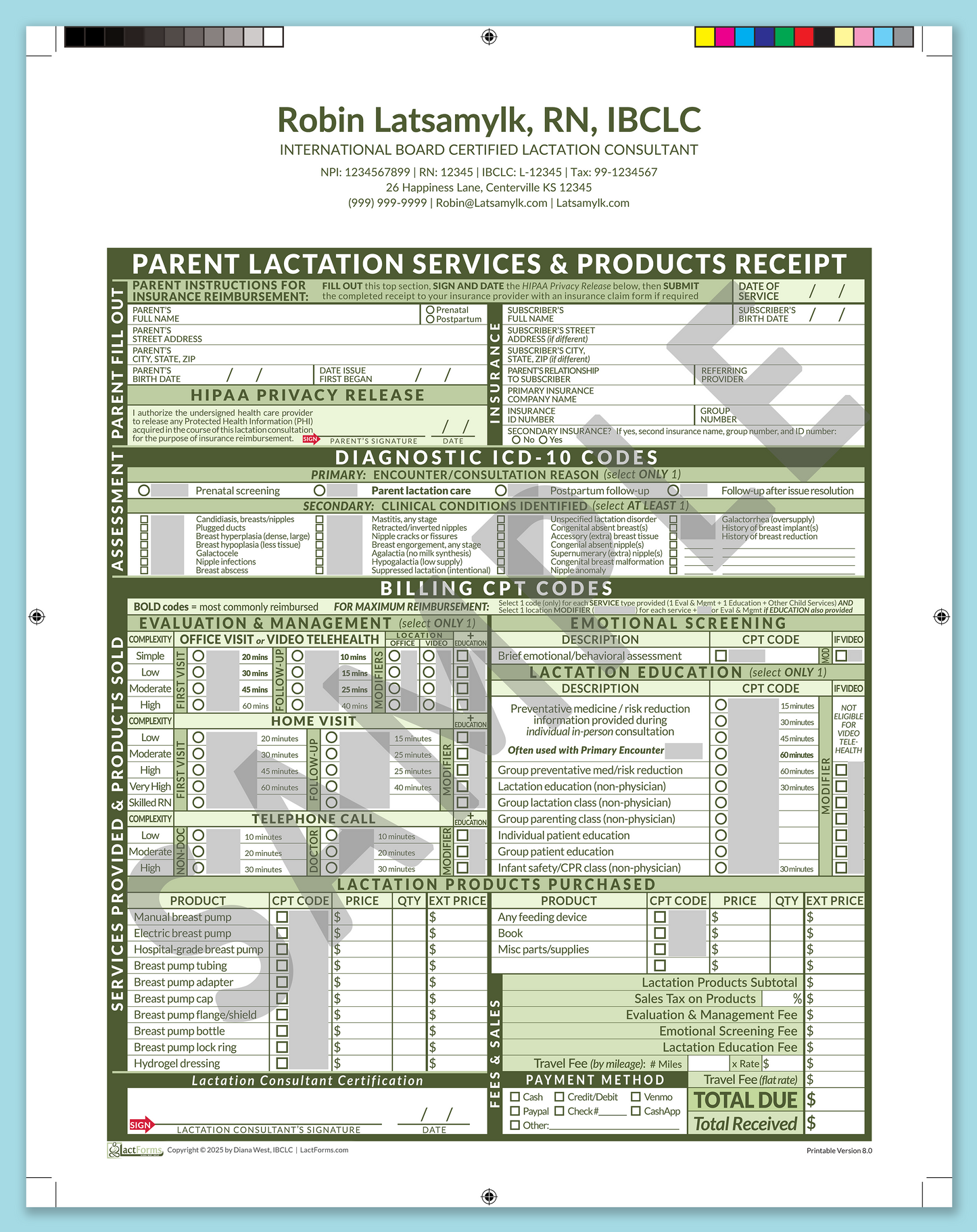 Parent Superbill—ProPrintable, HeaderCenter after editing, Green, V8.0