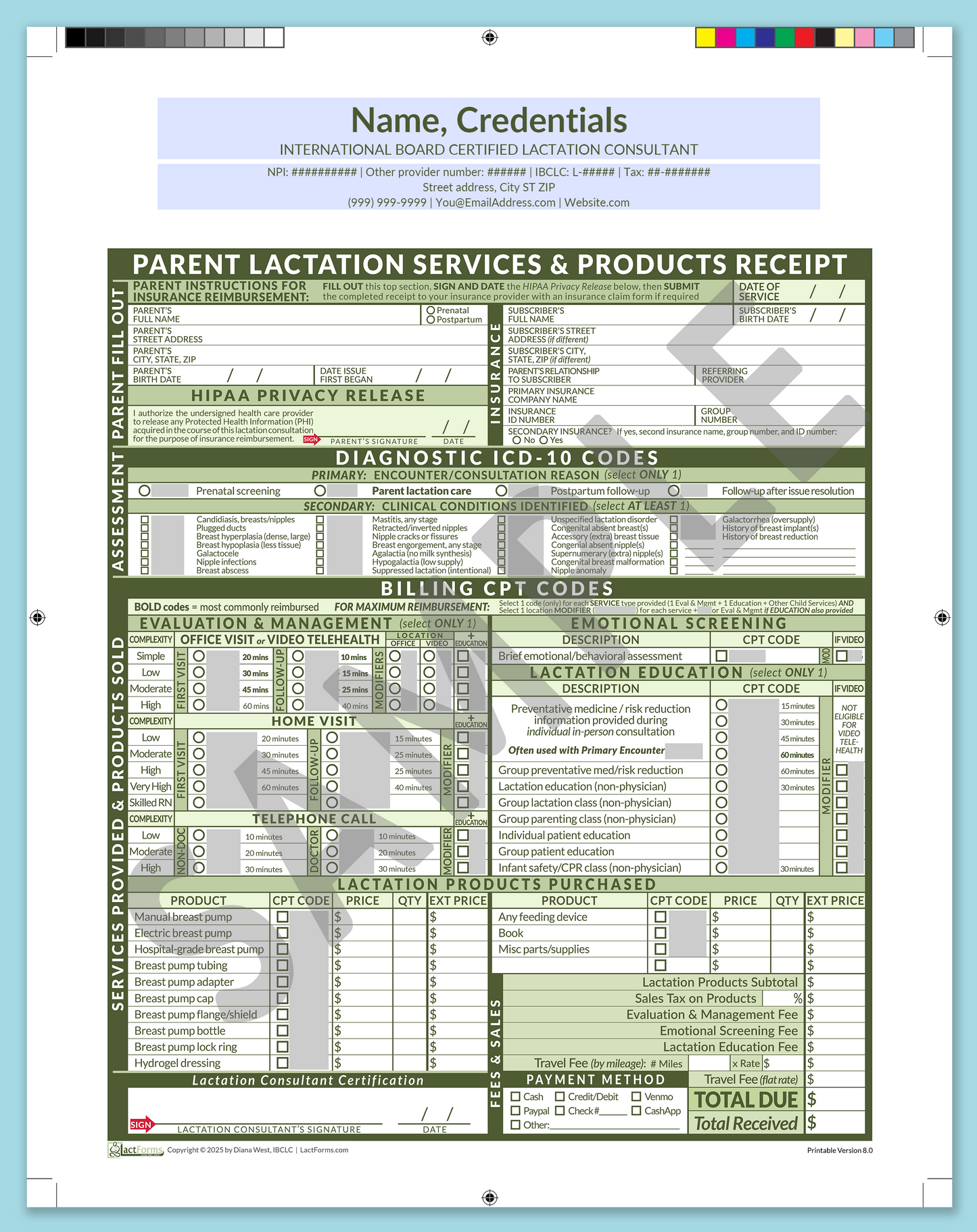 Parent Superbill—ProPrintable, HeaderCenter before editing, Green, V8.0