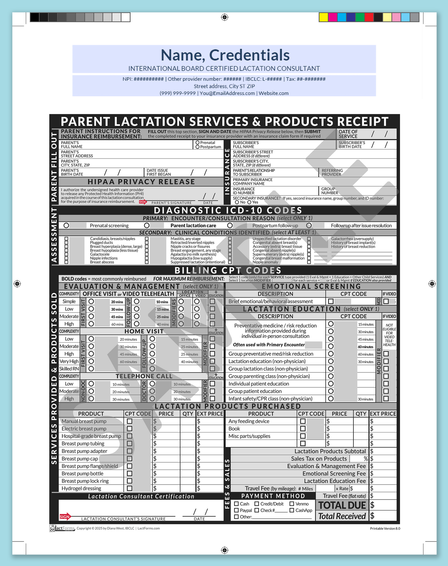 Parent Superbill—ProPrintable, HeaderCenter before editing, Grey, V8.0