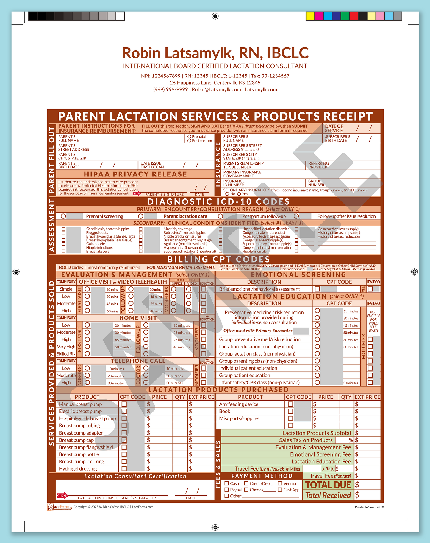 Parent Superbill—ProPrintable, HeaderCenter after editing, Orange, V8.0