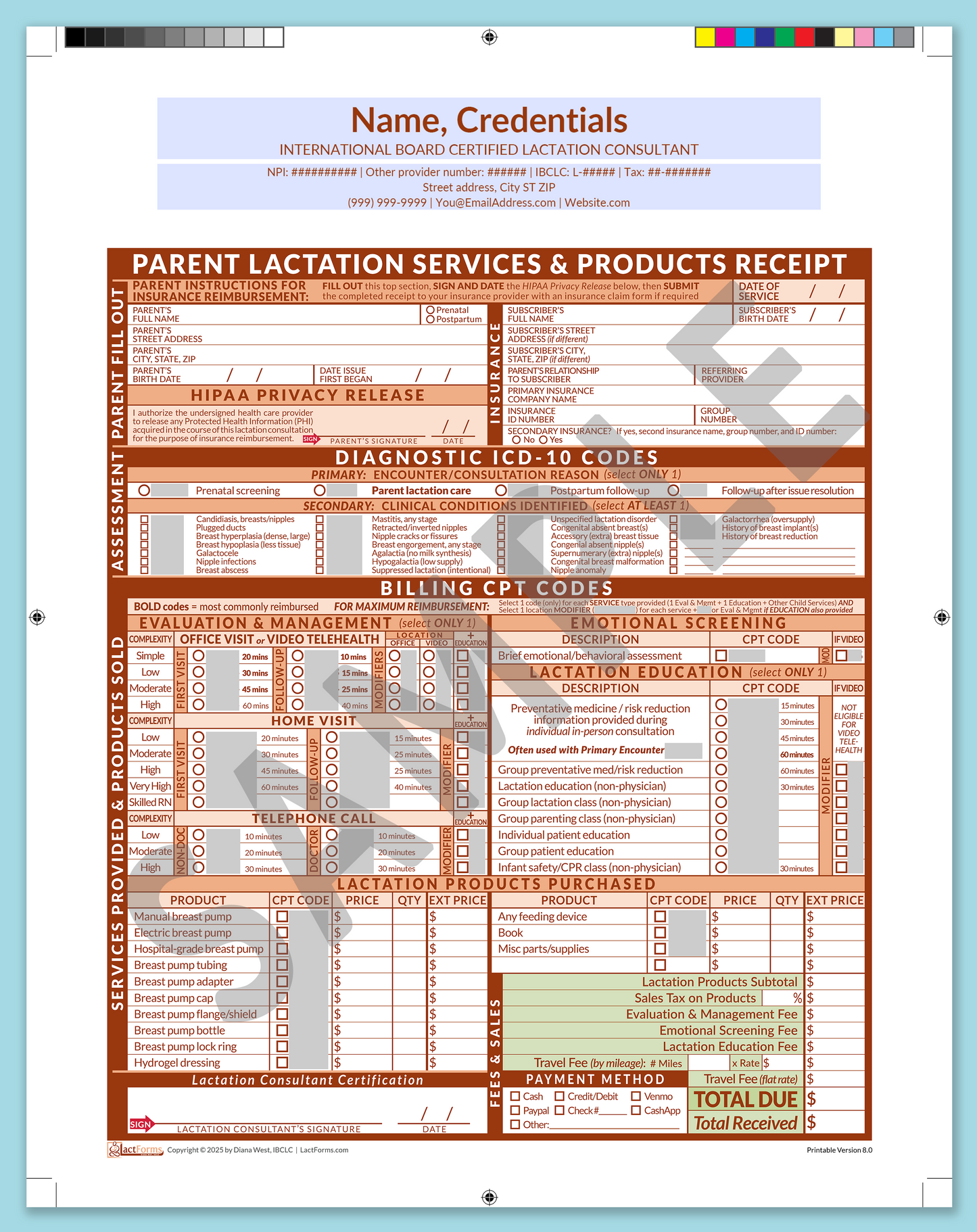 Parent Superbill—ProPrintable, HeaderCenter before editing, Orange, V8.0