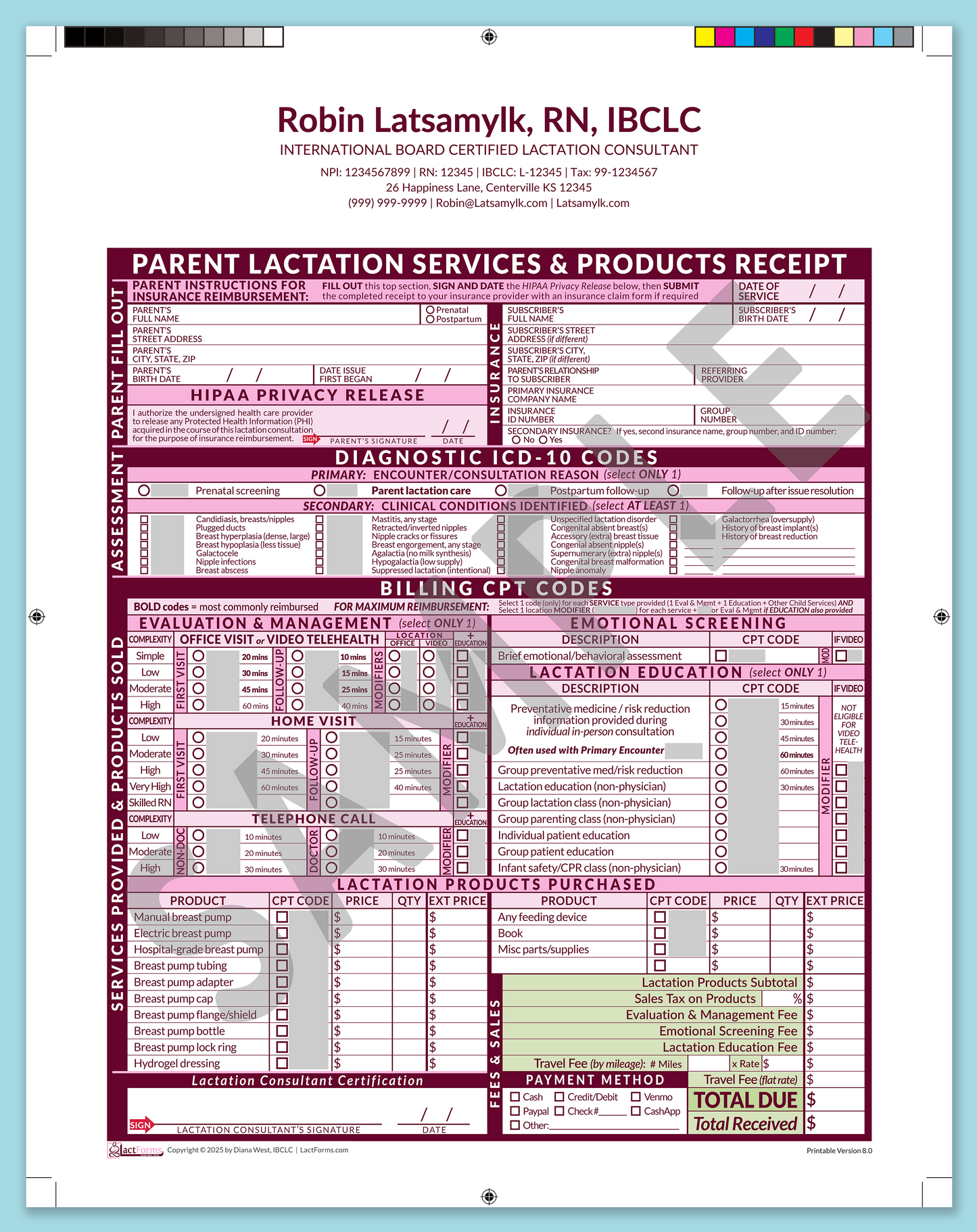 Parent Superbill—ProPrintable, HeaderCenter after editing, Pink, V8.0