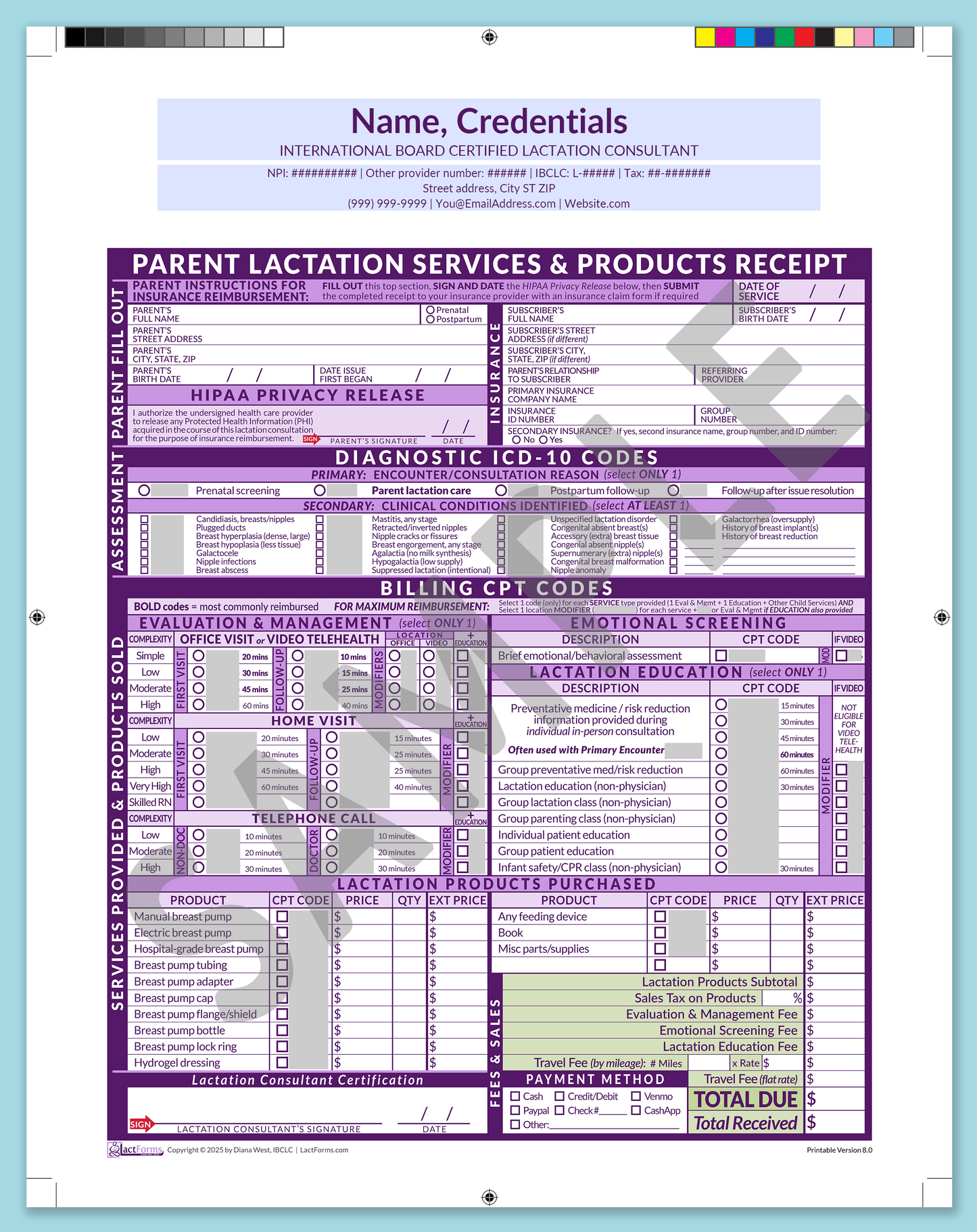 Parent Superbill—ProPrintable, HeaderCenter before editing, Purple, V8.0
