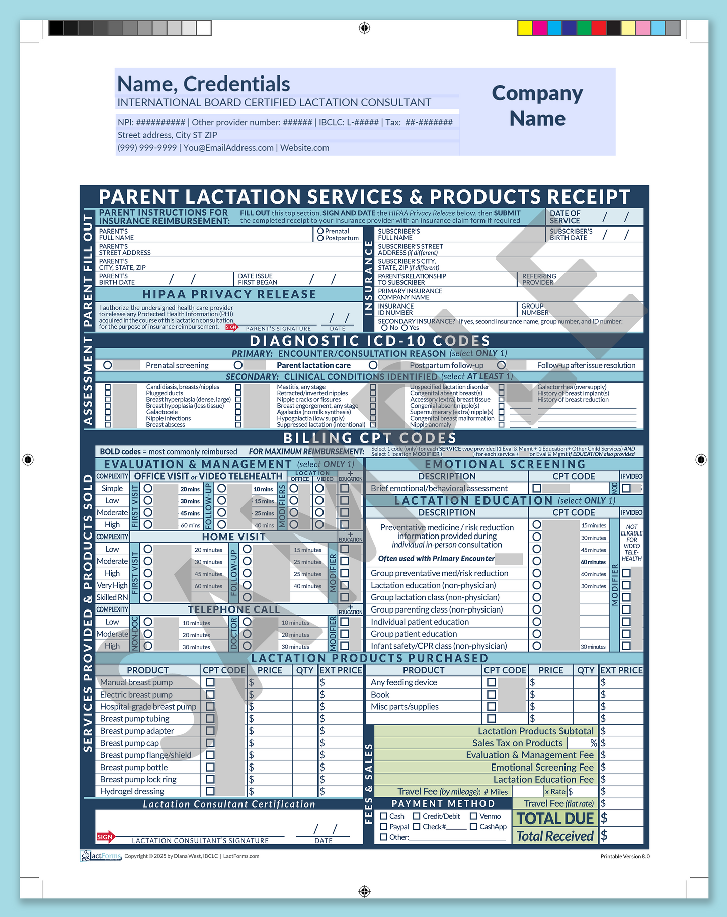 Parent Superbill—ProPrintable, HeaderCompany before editing, Blue, V8.0