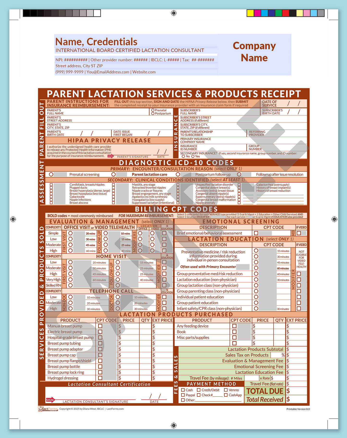 Parent Superbill—ProPrintable, HeaderCompany before editing, Orange, V8.0