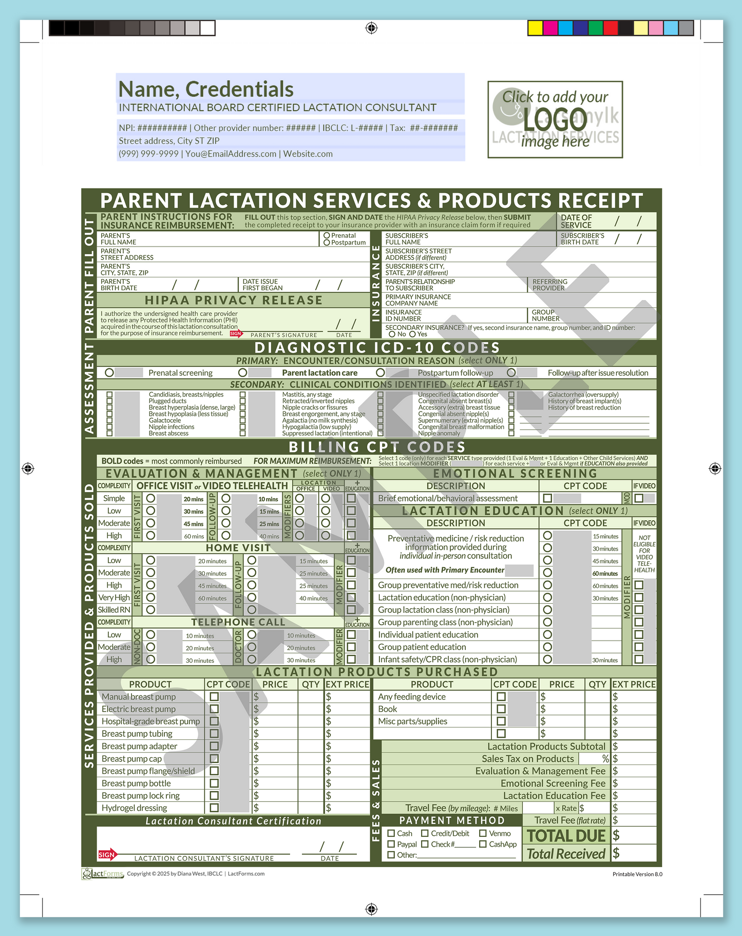 Parent Superbill—ProPrintable, HeaderLogo before editing, Green, V8.0