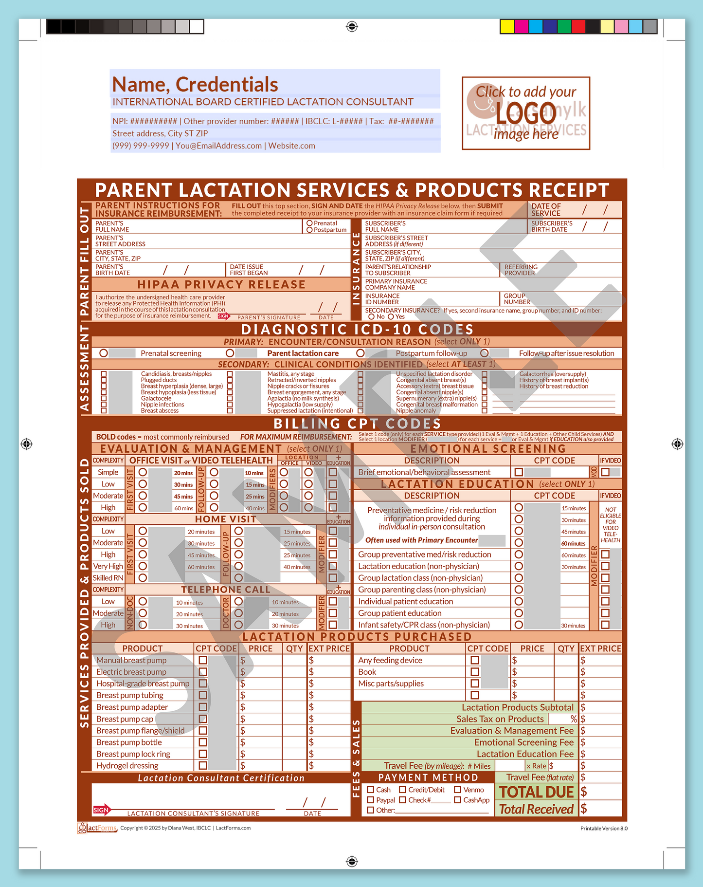 Parent Superbill—ProPrintable, HeaderLogo before editing, Orange, V8.0