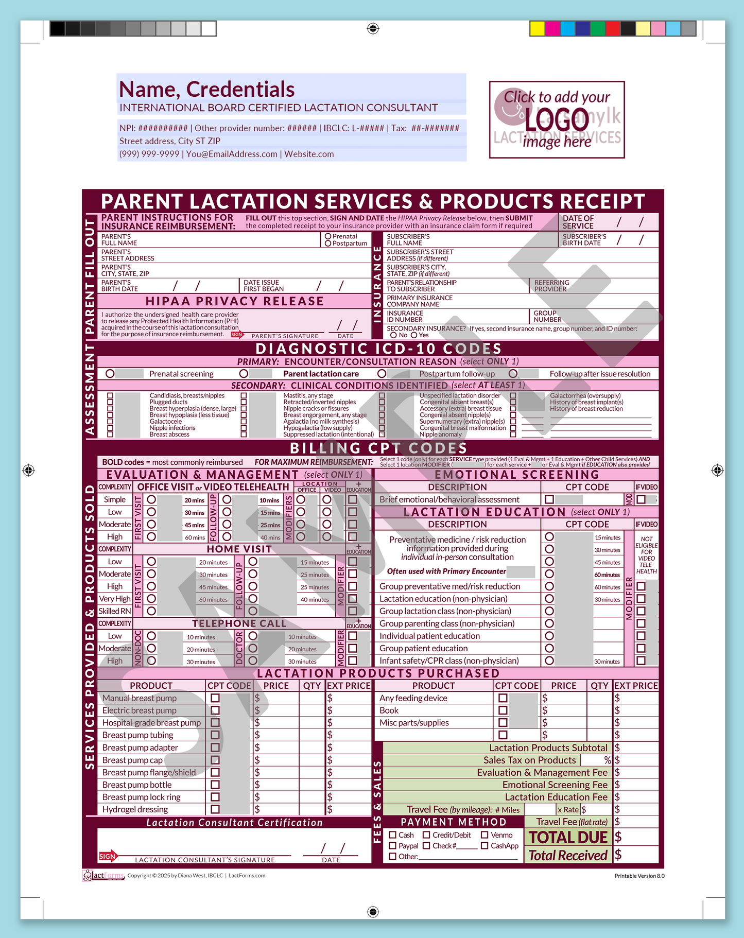 Parent Superbill—ProPrintable, HeaderLogo before editing, Pink, V8.0