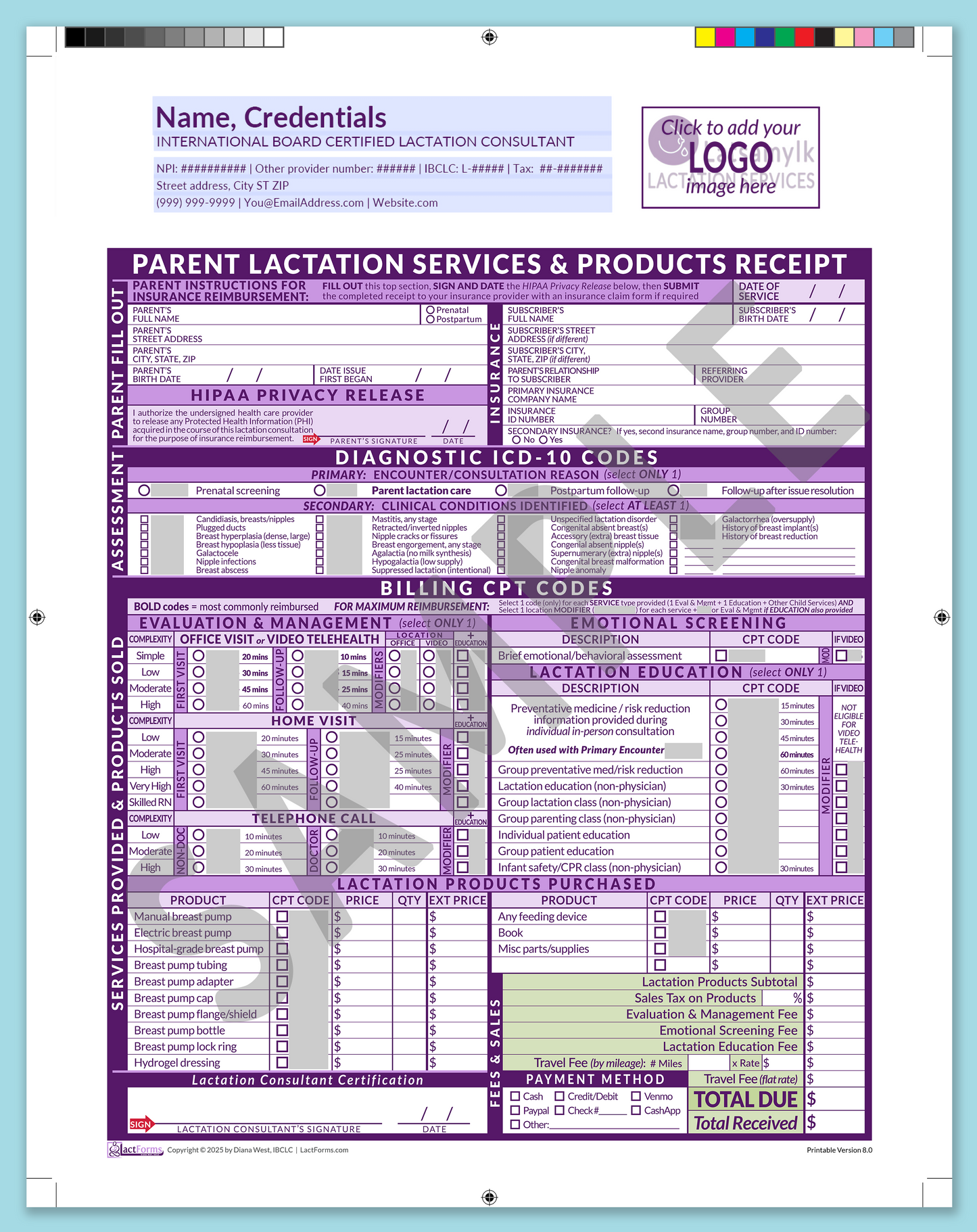 Parent Superbill—ProPrintable, HeaderLogo before editing, Purple, V8.0