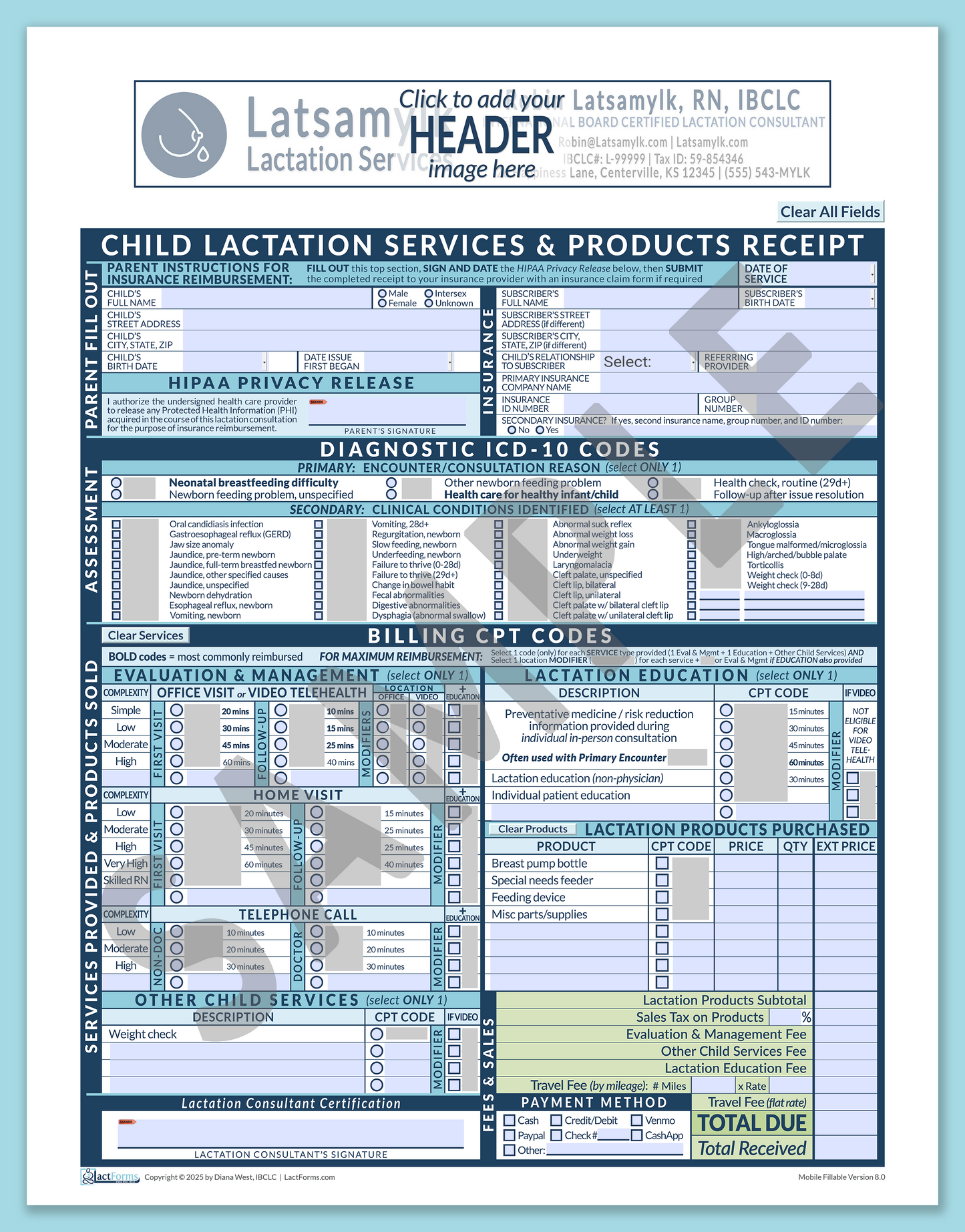 Child Superbill—MobileFillable, HeaderBox before editing, Blue, V8.0