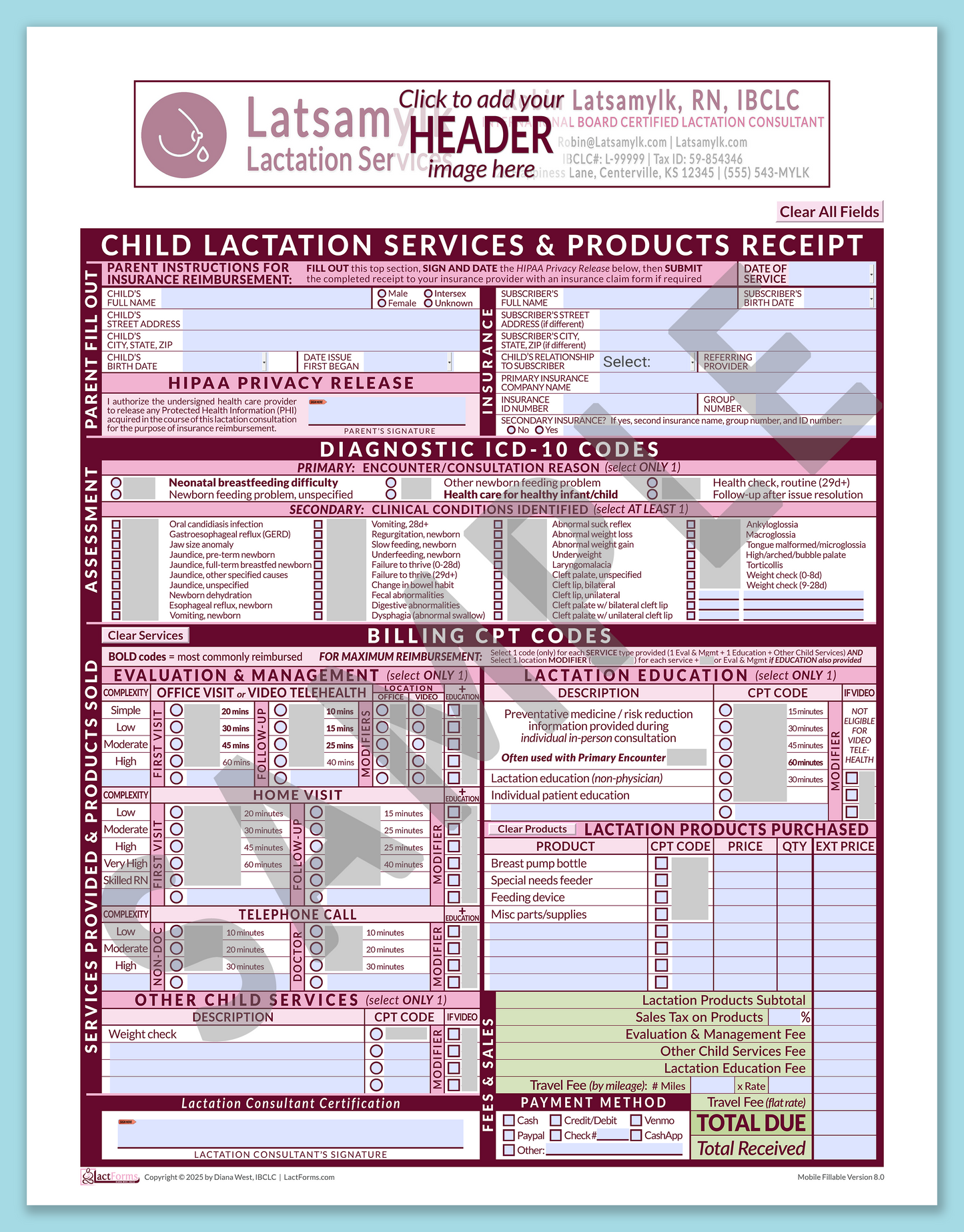 Child Superbill—MobileFillable, HeaderBox before editing, Pink, V8.0